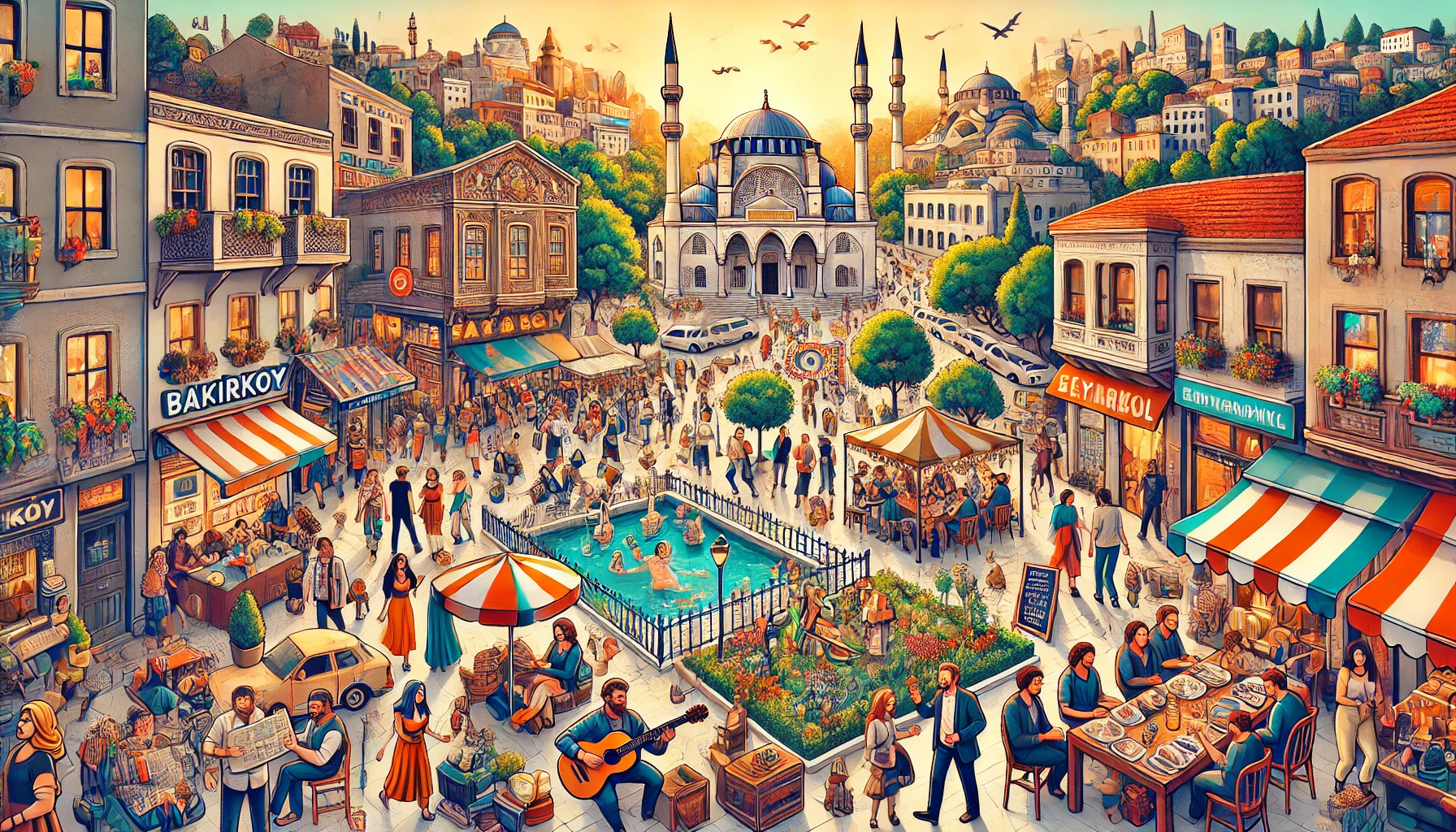 Vibrant cultural scene in Bakırköy, Istanbul, featuring historical landmarks, local restaurants, green parks, and people engaging in cultural activities.