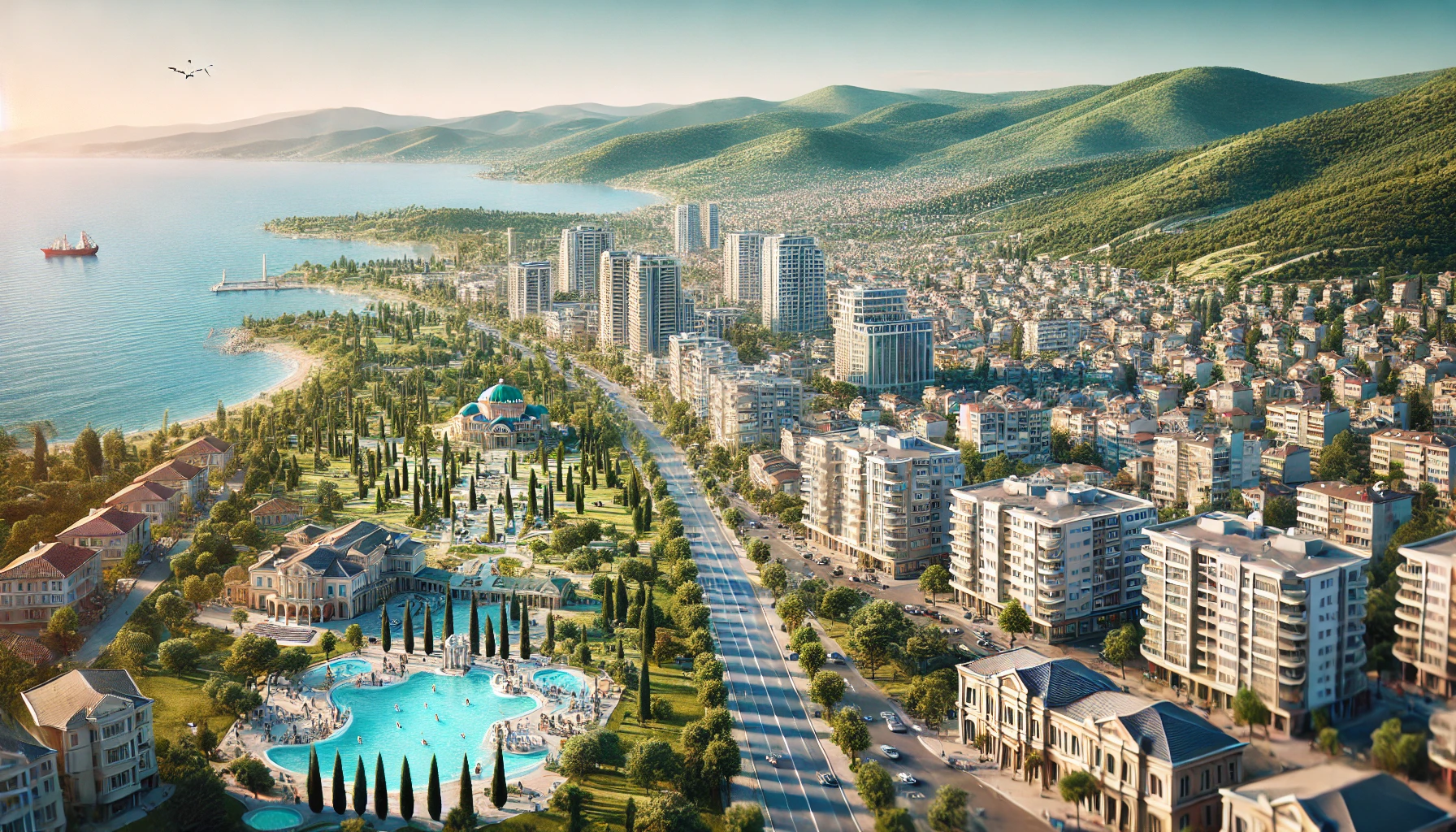 Scenic Balçova, Izmir cityscape with residential and commercial buildings, tree-lined streets, parks, thermal baths, green hills, and the Aegean Sea.