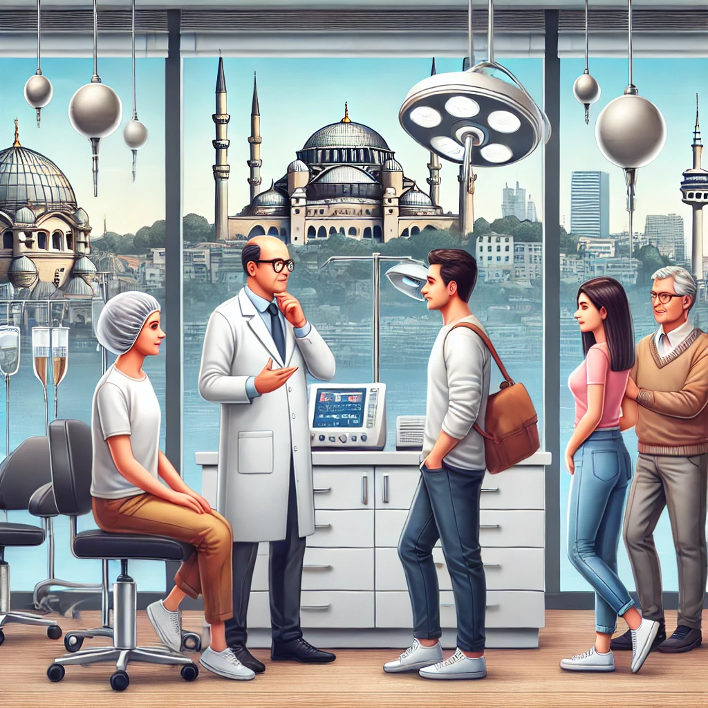 Tourists in Istanbul visiting a modern hair transplant clinic with a view of Istanbul's skyline.