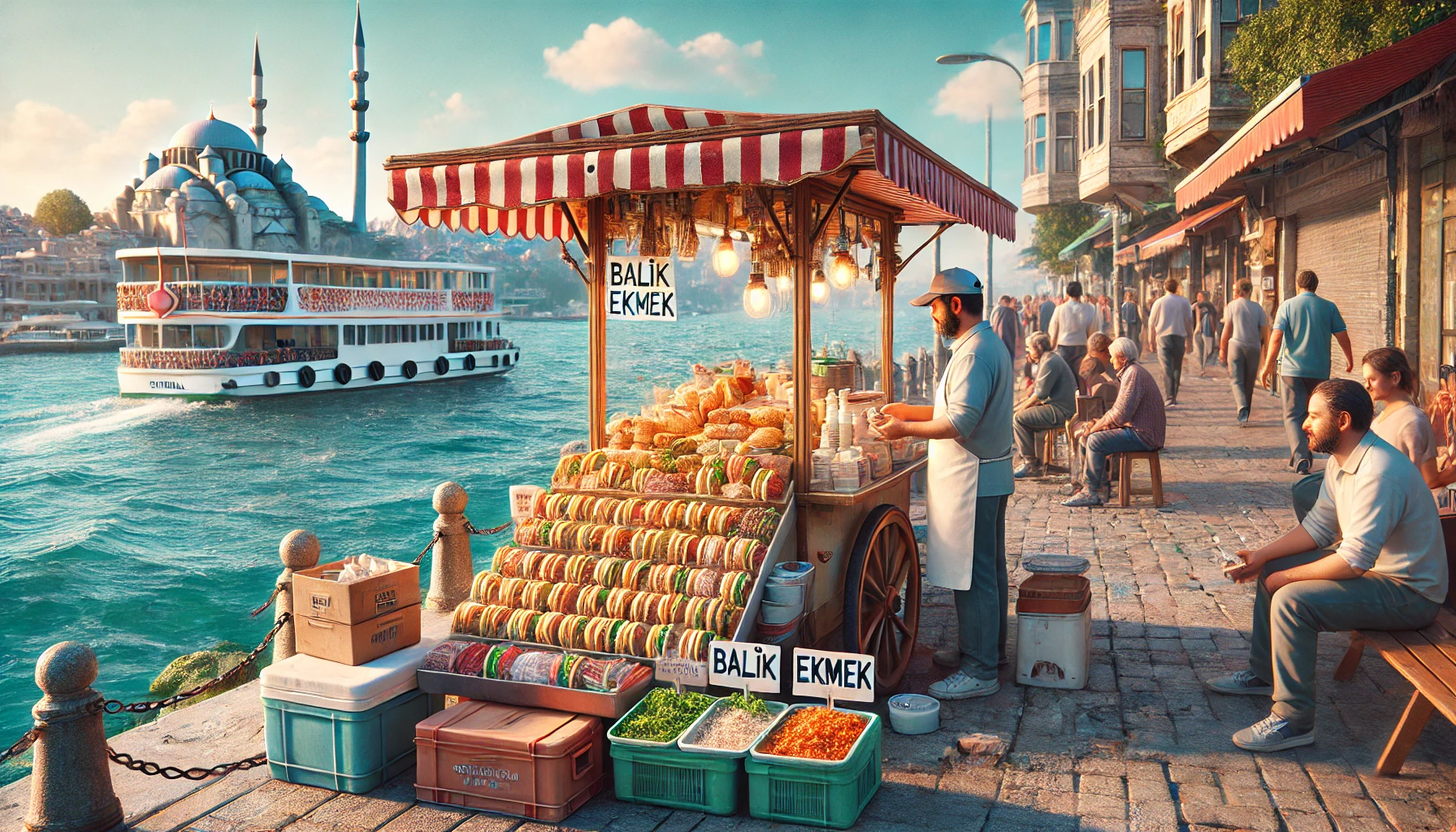 Realistic view of Balık ekmek in Istanbul with a street vendor serving fresh fish sandwiches by the waterfront, vibrant stall, people enjoying their food, and the Bosphorus in the background under clear skies.