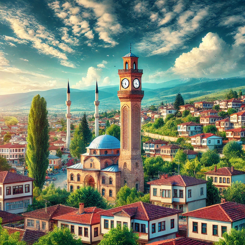 A picturesque scene showcasing Balıkesir, Turkey with its historical clock tower, Zaganos Pasha Mosque, and traditional houses.