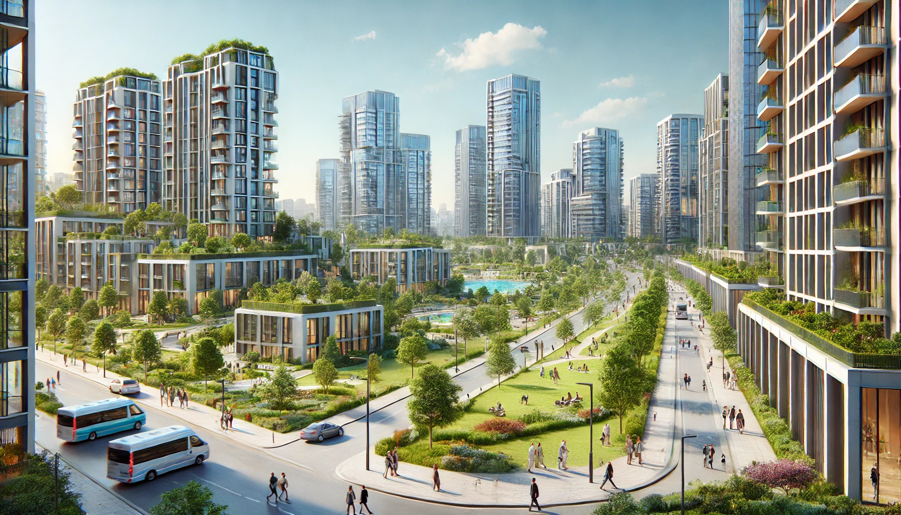 Realistic view of Başakşehir, Istanbul with modern high-rise buildings, green parks, well-maintained roads, and people enjoying the day under a clear blue sky.