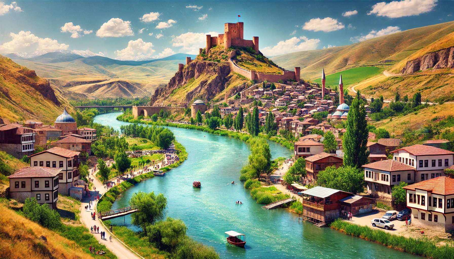 A scenic view of Bayburt, Turkey featuring the Çoruh River, Bayburt Castle on a hill, lush green landscapes, and traditional houses along the riverbank.