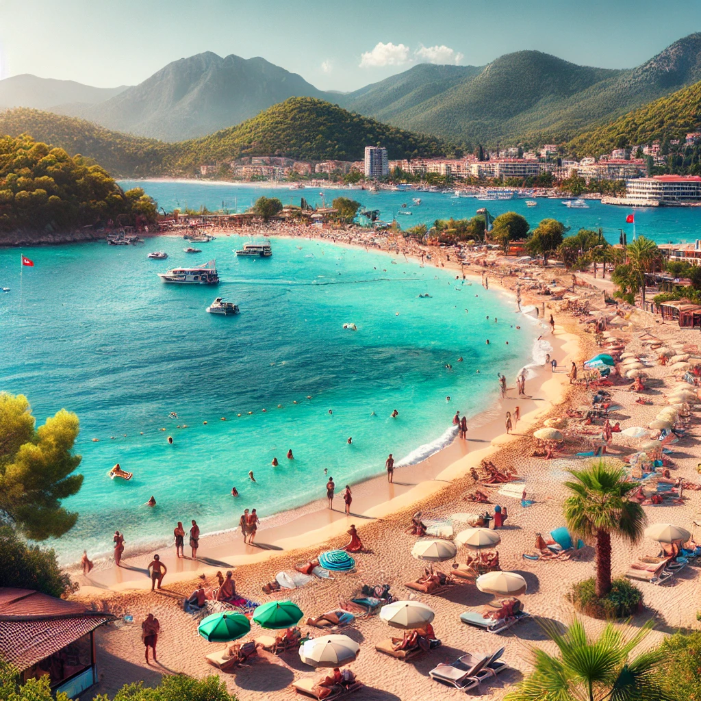 Picturesque beach in Turkey with crystal-clear turquoise waters, golden sandy shores, and people enjoying the sun and sea.