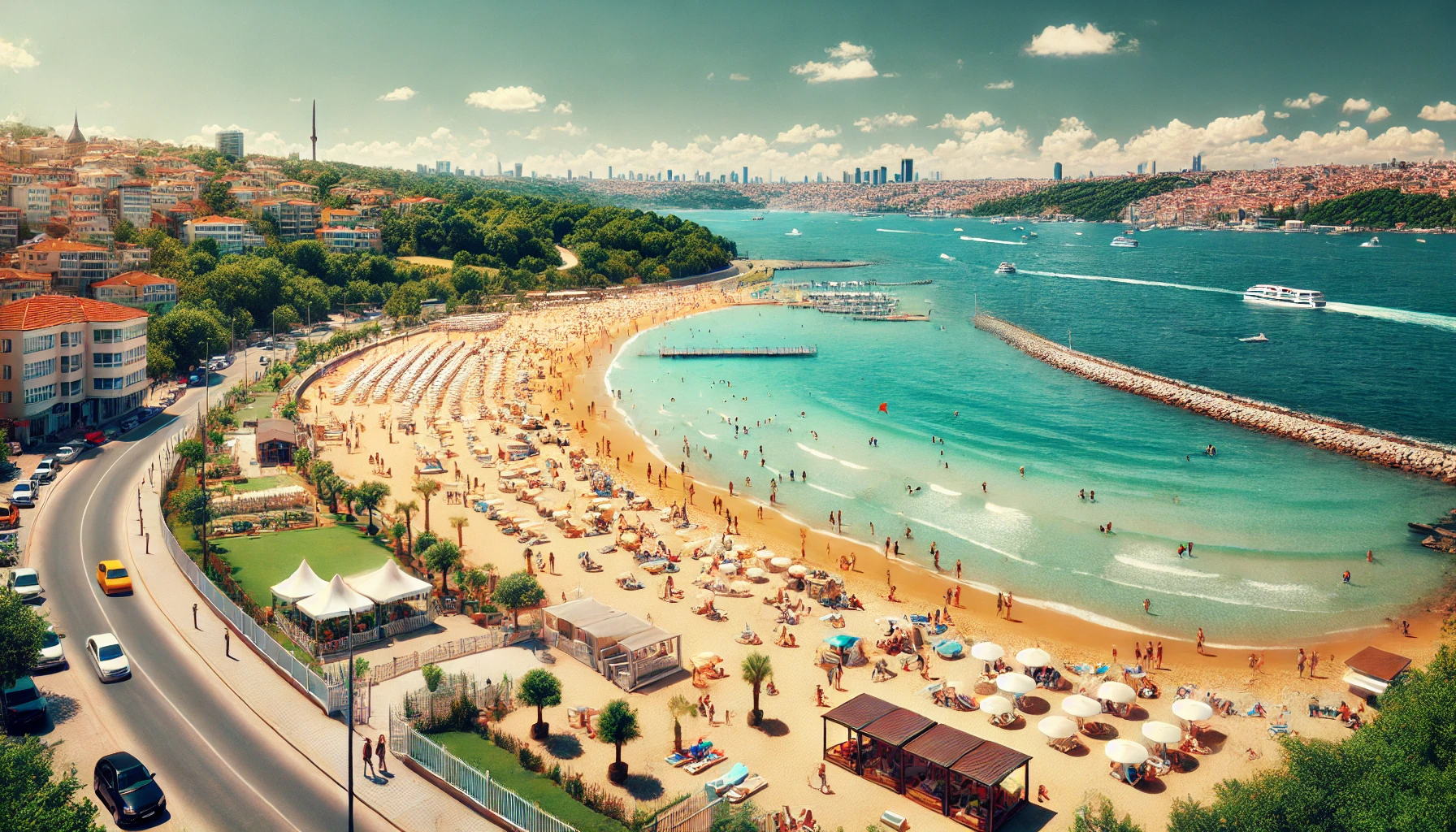 Panoramic view of a beautiful beach in Istanbul with clear blue sea, golden sand, and people enjoying beach activities.