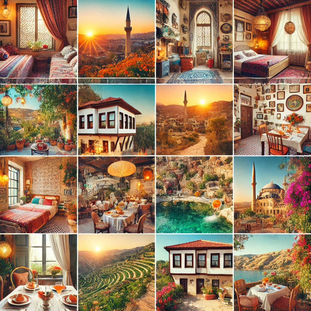 A vibrant collage showcasing various charming bed & breakfasts in Turkey, featuring cozy rooms, beautiful gardens, traditional Turkish decor, delicious homemade breakfasts, and picturesque landscapes of Istanbul, Cappadocia, Antalya, and the Turkish countryside.