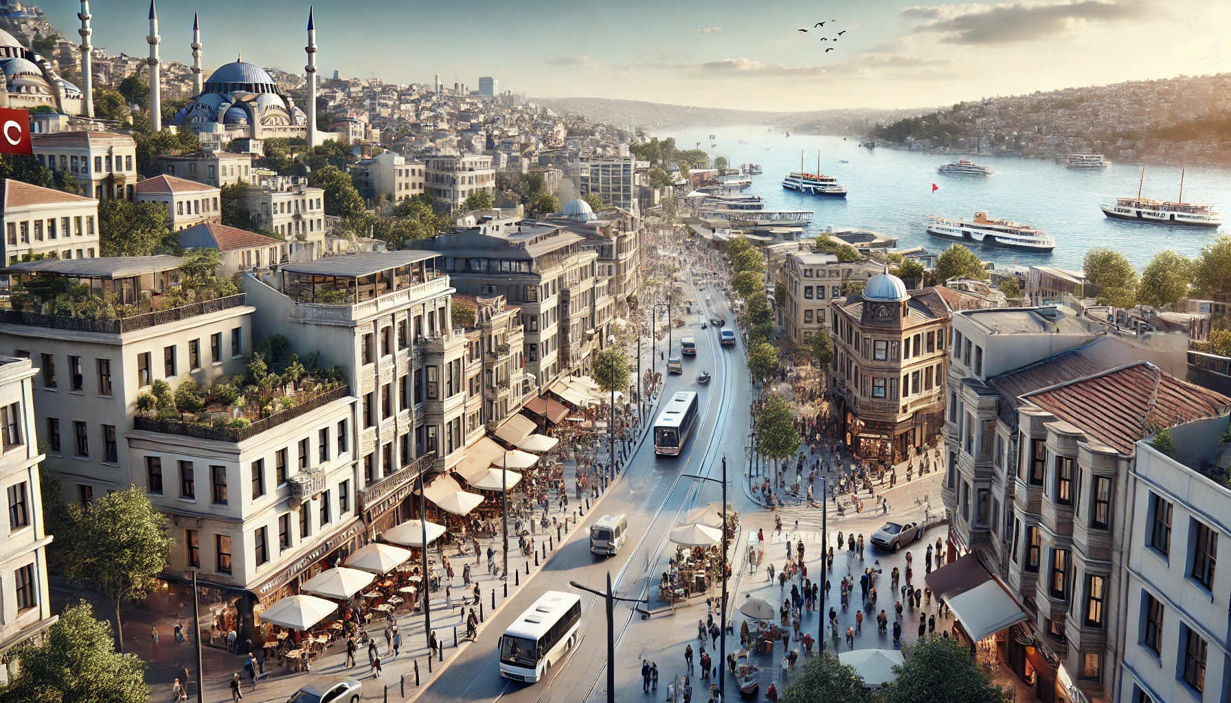 Bustling Beşiktaş, Istanbul cityscape with historic and modern buildings, crowded streets, cafes, shops, and the Bosphorus Strait in the background.