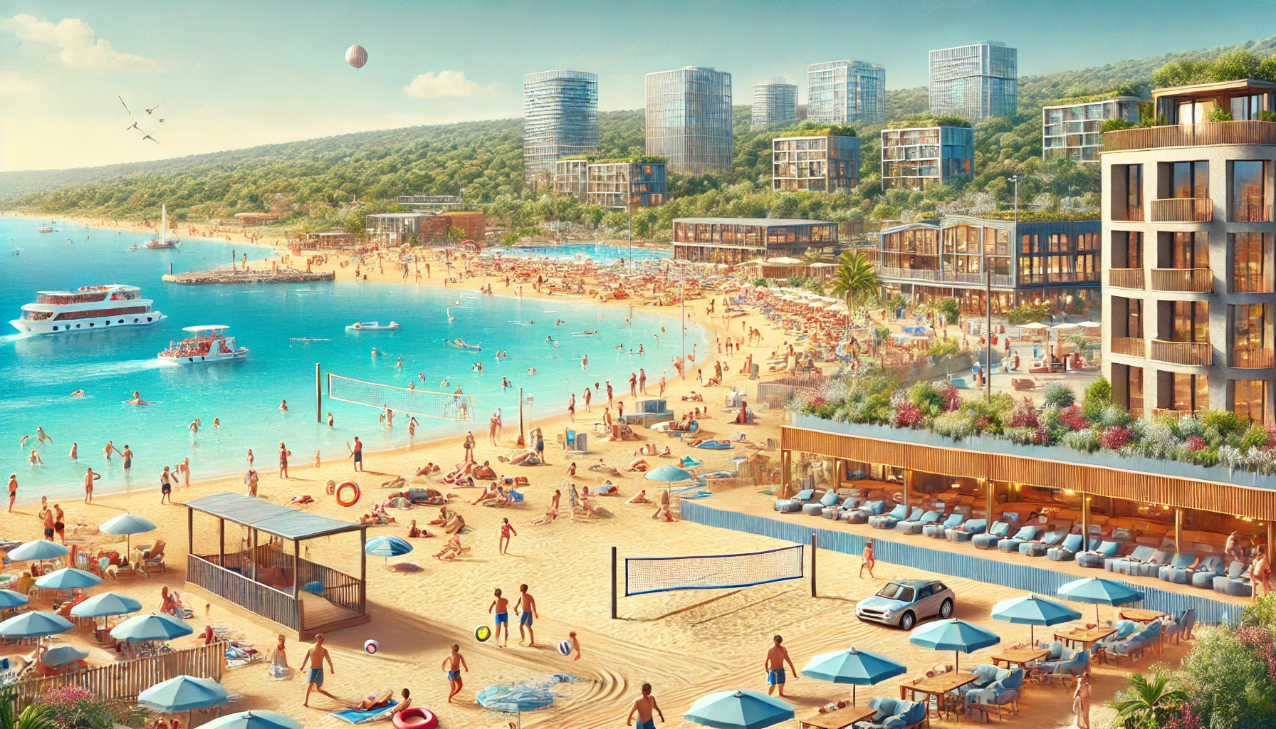 A picturesque beach scene in Istanbul featuring clear blue waters, golden sandy beaches, and people enjoying various activities like sunbathing, swimming, and beach volleyball. The background includes a mix of modern beach clubs and natural landscapes, showcasing the vibrant and diverse atmosphere of Istanbul's beaches on a bright, sunny day with a clear sky.