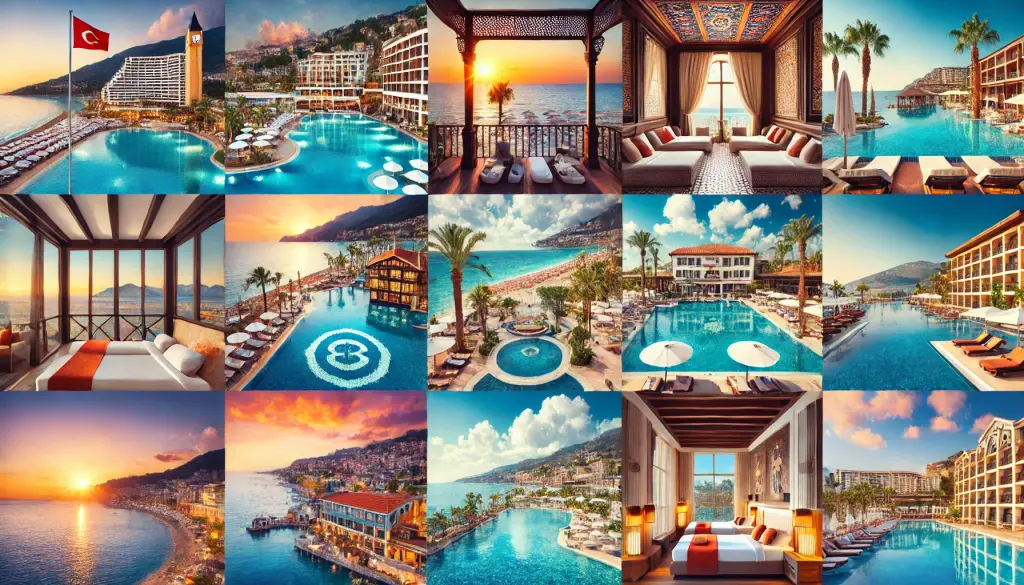 Collage showcasing the best hotels in Alanya, Turkey, including luxurious beachfront resorts, charming boutique hotels, and modern hotel suites with stunning sea views.