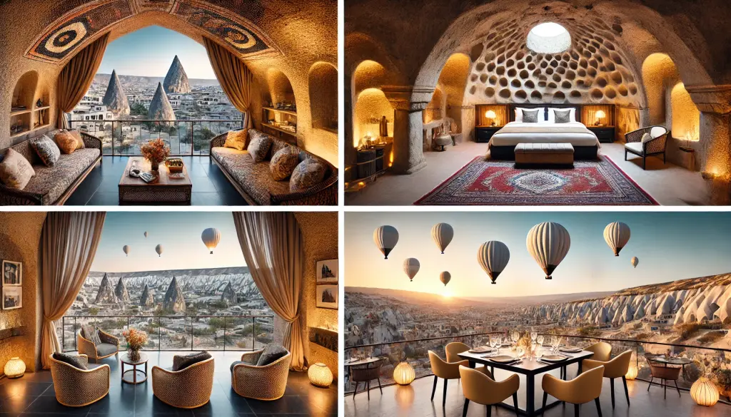 Collage showcasing the best hotels in Cappadocia, Turkey, including luxurious cave suites, panoramic views of rock formations, an elegant cave dining area, and a rooftop terrace with hot air balloons in the sky.