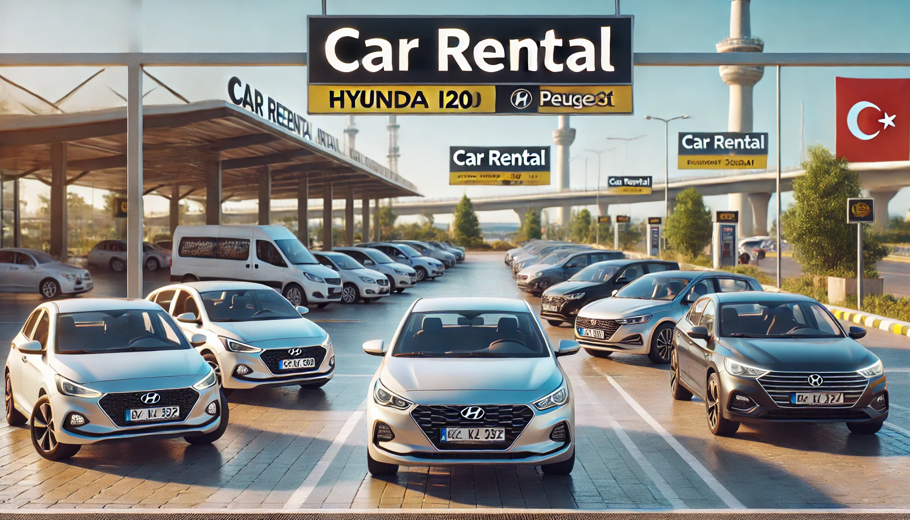 Variety of rental cars parked at an airport car rental lot in Turkey.