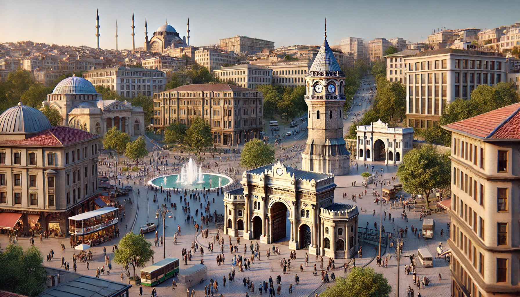 Realistic view of Beyazıt Square in Istanbul with the historic Beyazıt Tower, Istanbul University main gate, bustling square with people, trees, and fountains under a clear blue sky.