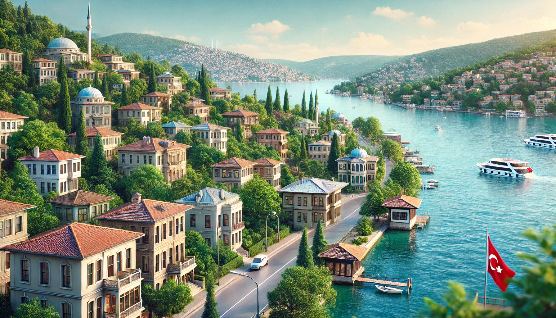 Realistic view of Beykoz, Istanbul with Bosphorus shoreline, Ottoman-style houses, lush trees, and hills in the background under a clear blue sky.