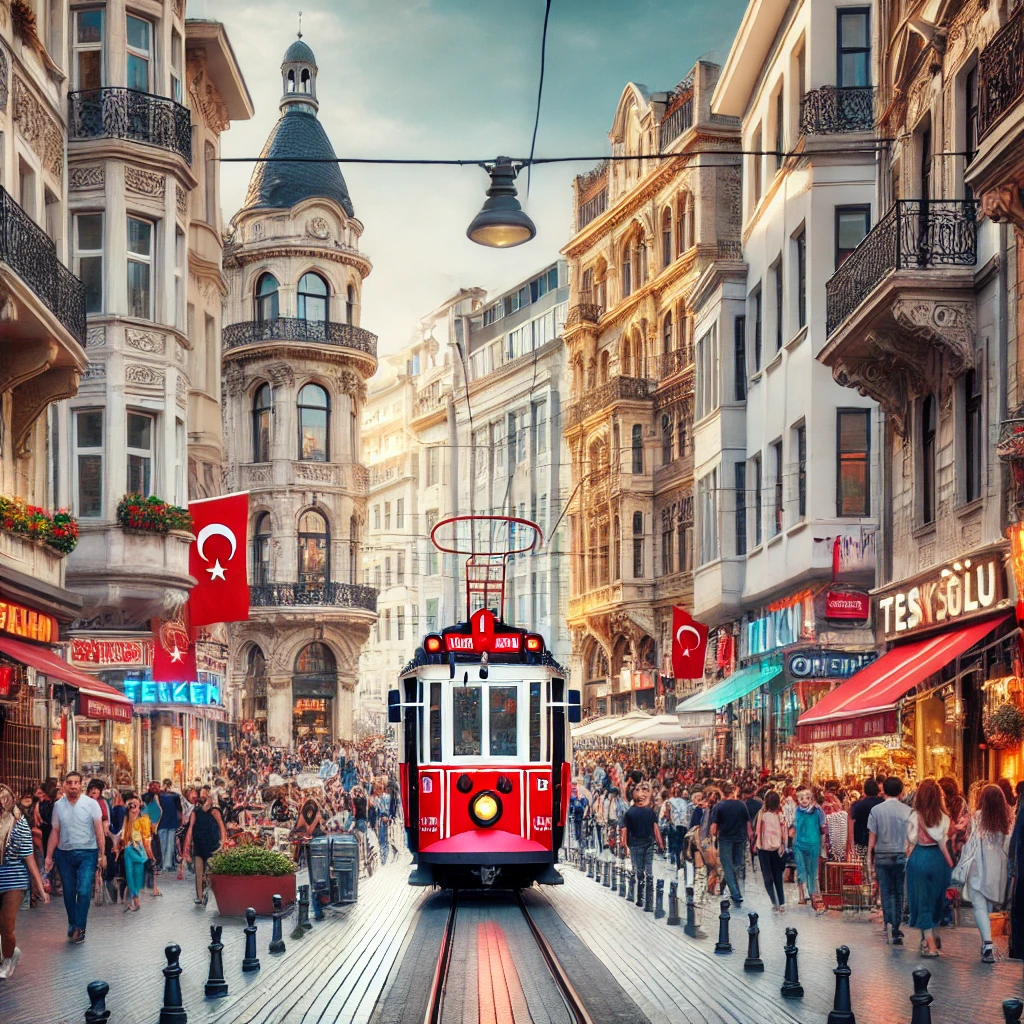 A vibrant street scene of Istiklal Avenue in Beyoğlu, Istanbul