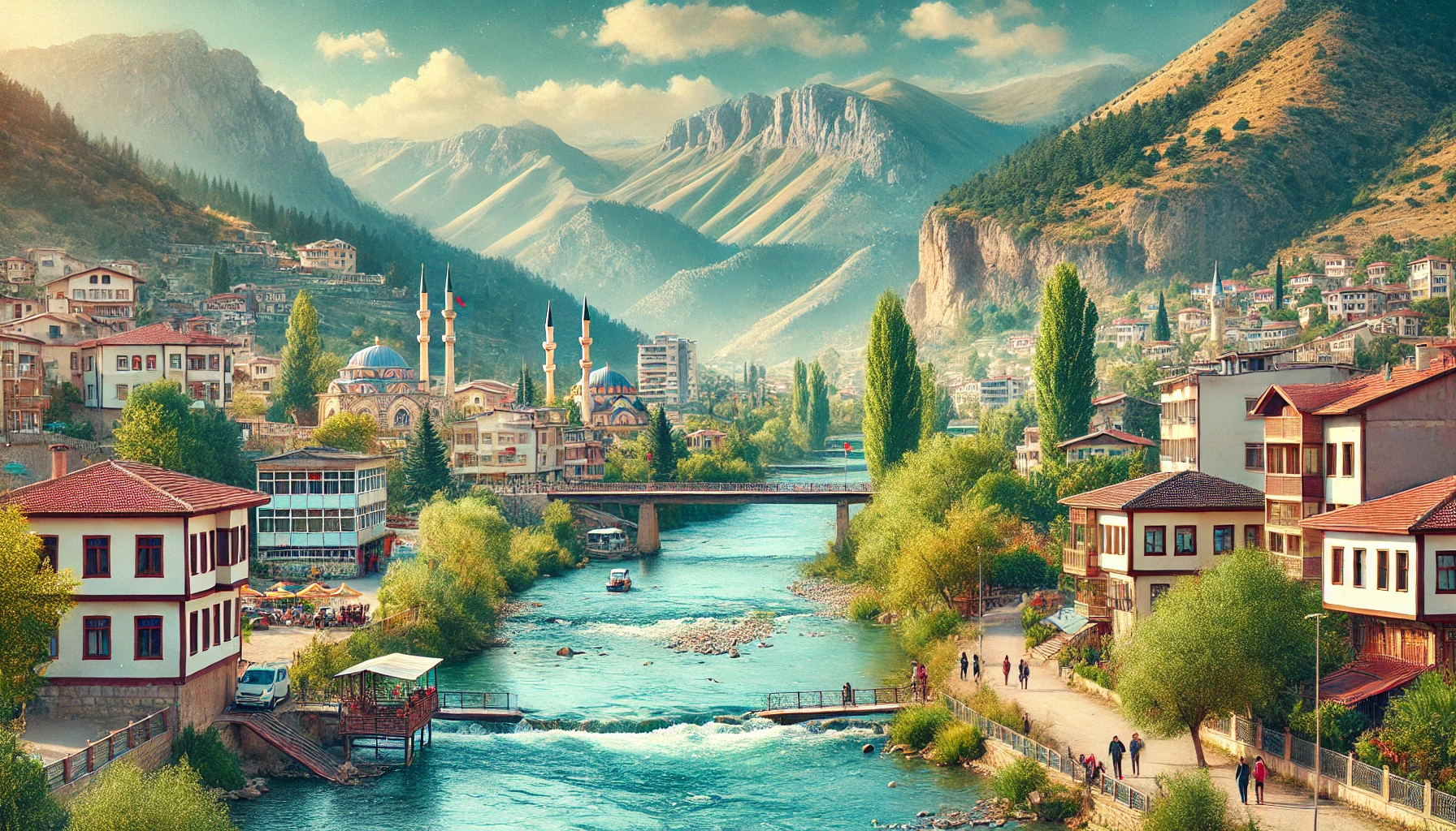 A picturesque view of Bingöl, Turkey featuring the Gayt River, traditional houses, modern buildings, and mountainous terrain with lush greenery.