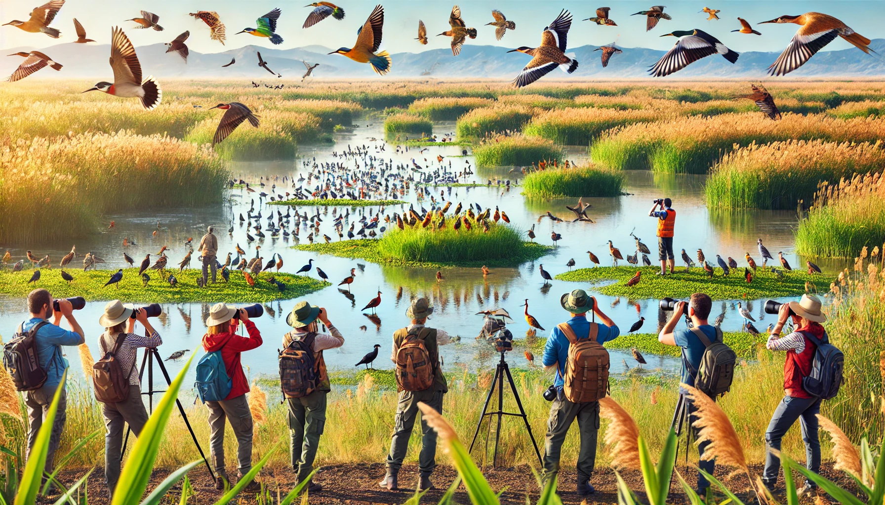 Birdwatchers observing a variety of bird species in the lush wetlands of the Kızılırmak Delta, Turkey.