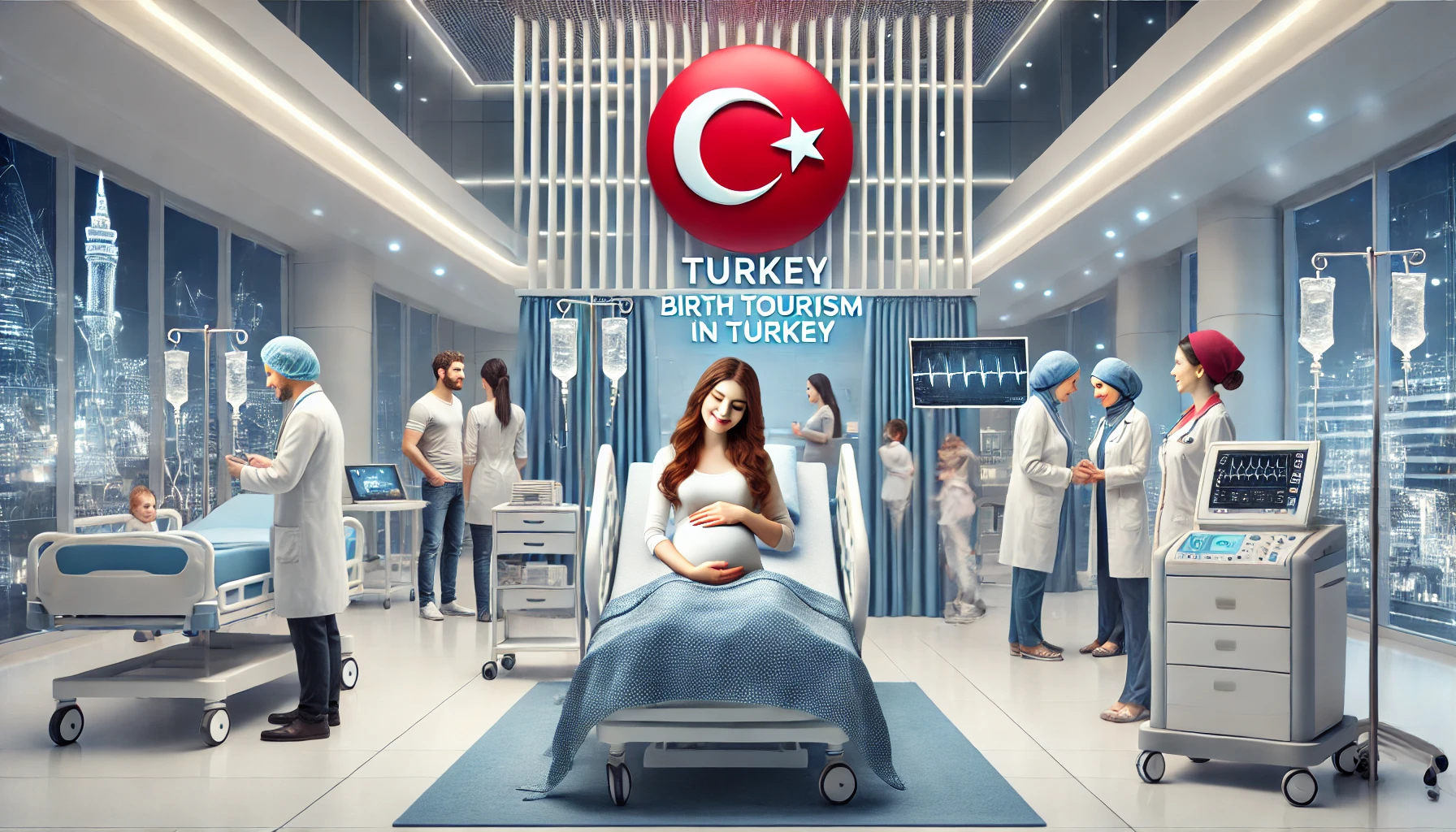 A modern maternity hospital in Turkey with expectant parents and medical staff, highlighting high-quality healthcare facilities.