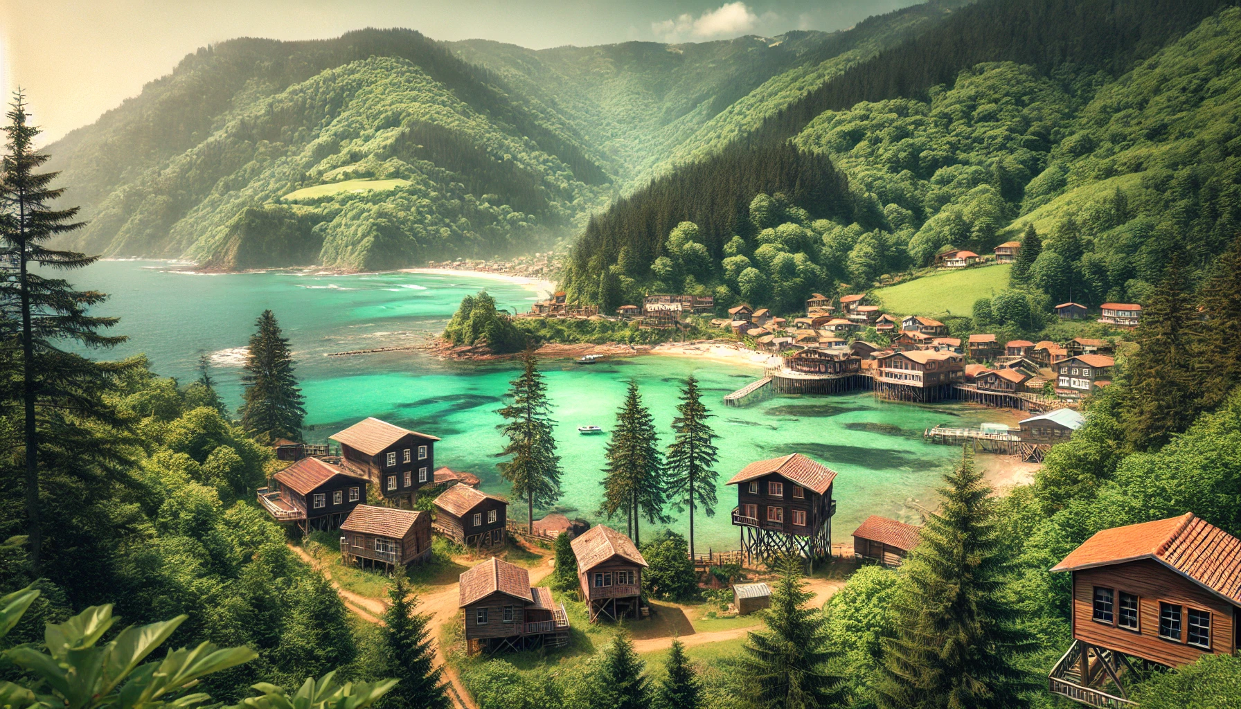 A picturesque view of the Black Sea coast in Turkey, featuring lush green forests, traditional wooden houses, and extraordinary plateaus. The scene includes untouched beautiful beaches with clear turquoise waters, small fishing villages, and a backdrop of rolling hills covered in greenery.