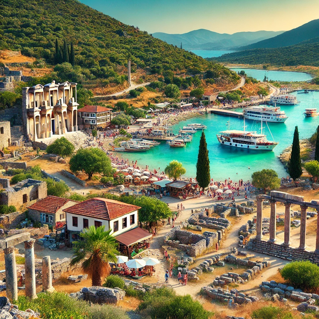 Picturesque view of Milas in Turkey's Aegean Region, showcasing ancient ruins, lush green landscapes, and the turquoise sea with traditional houses and local markets.