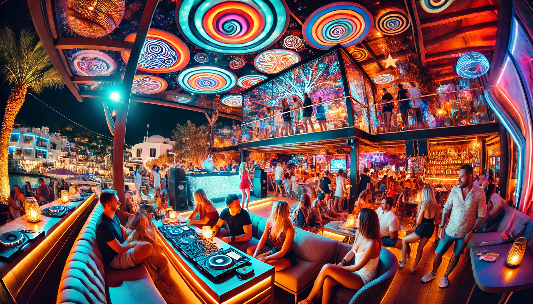 Vibrant nightlife scene in Bodrum, Turkey with people dancing and a DJ playing music.