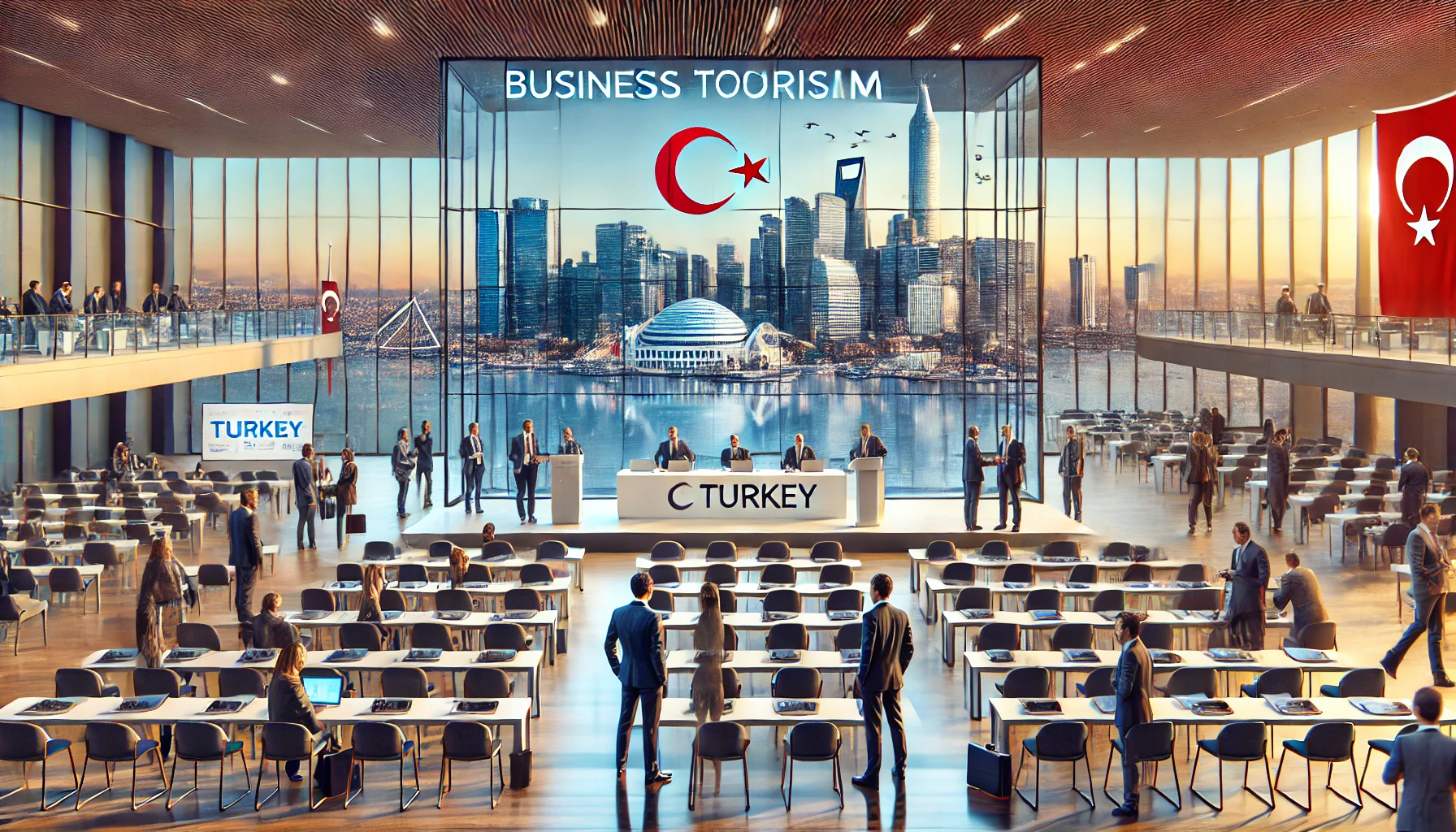 A modern conference center in Istanbul, Turkey with business professionals attending a conference, featuring high-tech facilities and a view of Istanbul's skyline.