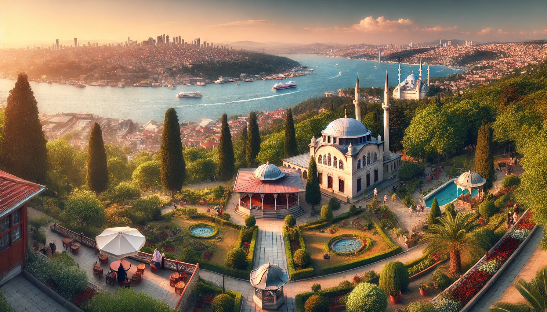 Panoramic view from Çamlıca Hill in Istanbul, Turkey, featuring the Bosphorus, cityscape, and Çamlıca Mosque.