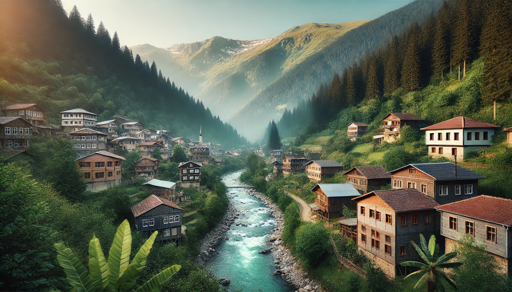 Picturesque Çamlıhemşin, Rize with traditional wooden houses, lush green mountains, Fırtına River, dense forests, and a clear blue sky.