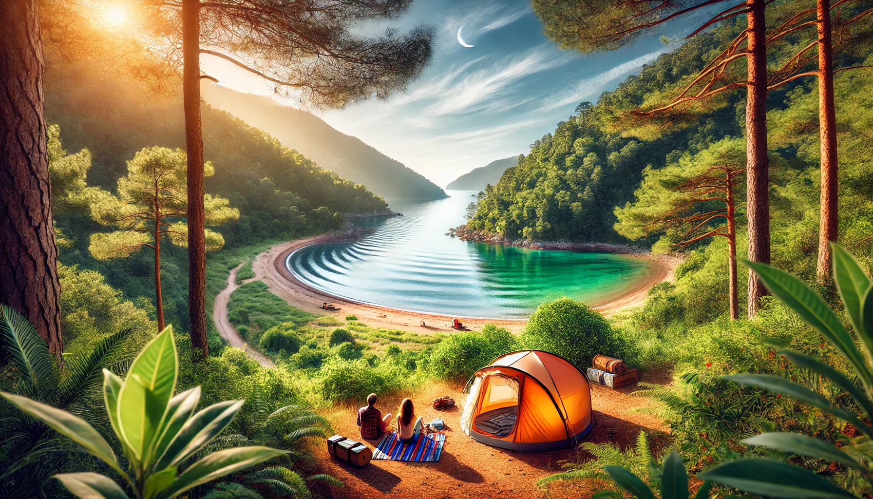 Picturesque camping scene in Turkey near the lush greenery and pristine waters of Kabak Bay.