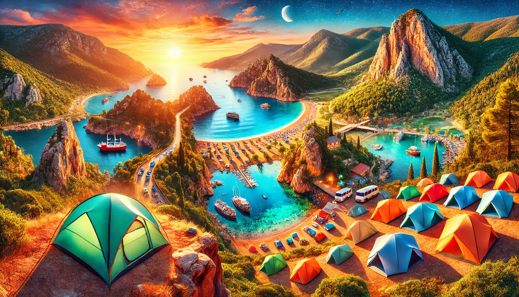 A vibrant scene showcasing camping in Turkey, featuring tents set up in beautiful locations such as Altinkamp in Balıkesir, Emeksiz near İzmir, and Kabak Bay close to Muğla, with serene beaches, lush greenery, and dramatic cliffs in the background.