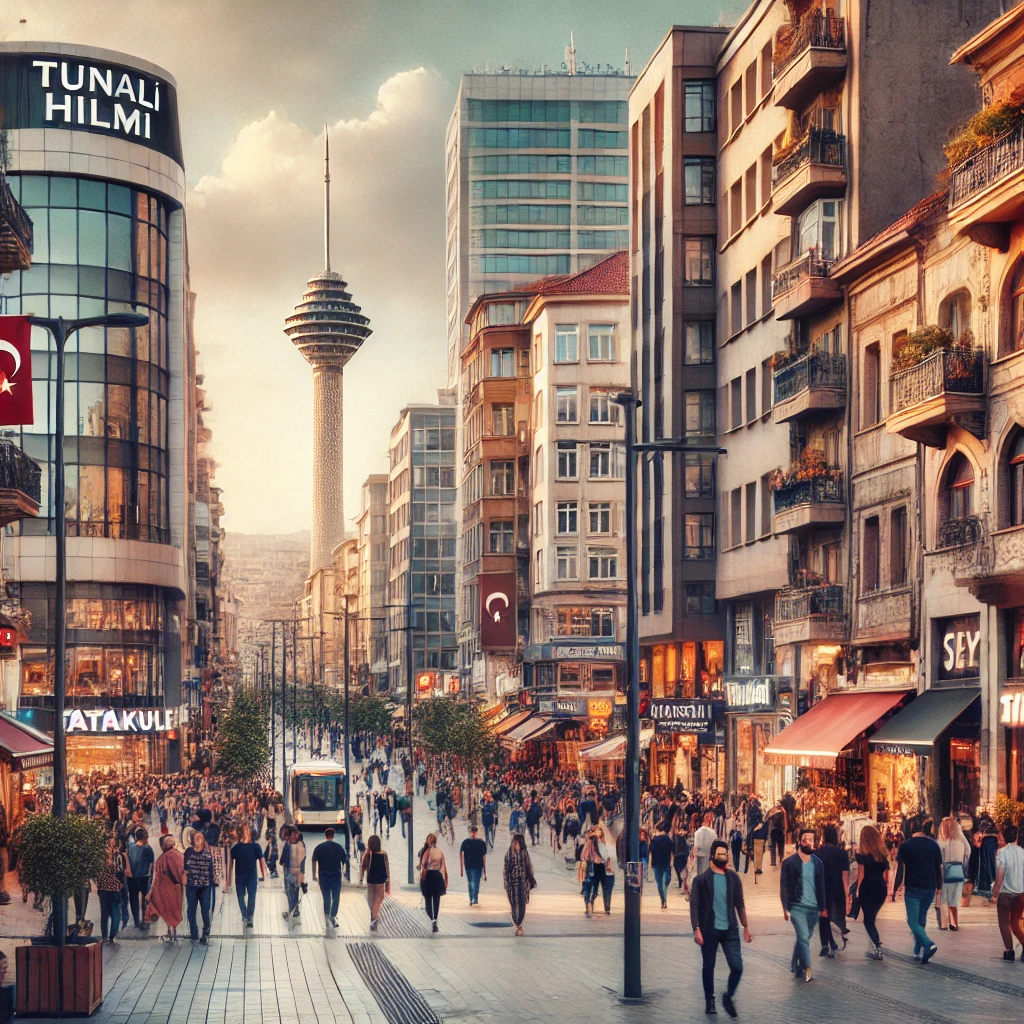 A bustling scene in Çankaya, Ankara, Turkey, showing people walking along Tunalı Hilmi Street with shops, cafes, and modern buildings in the background. The Atakule Tower is visible in the distance.