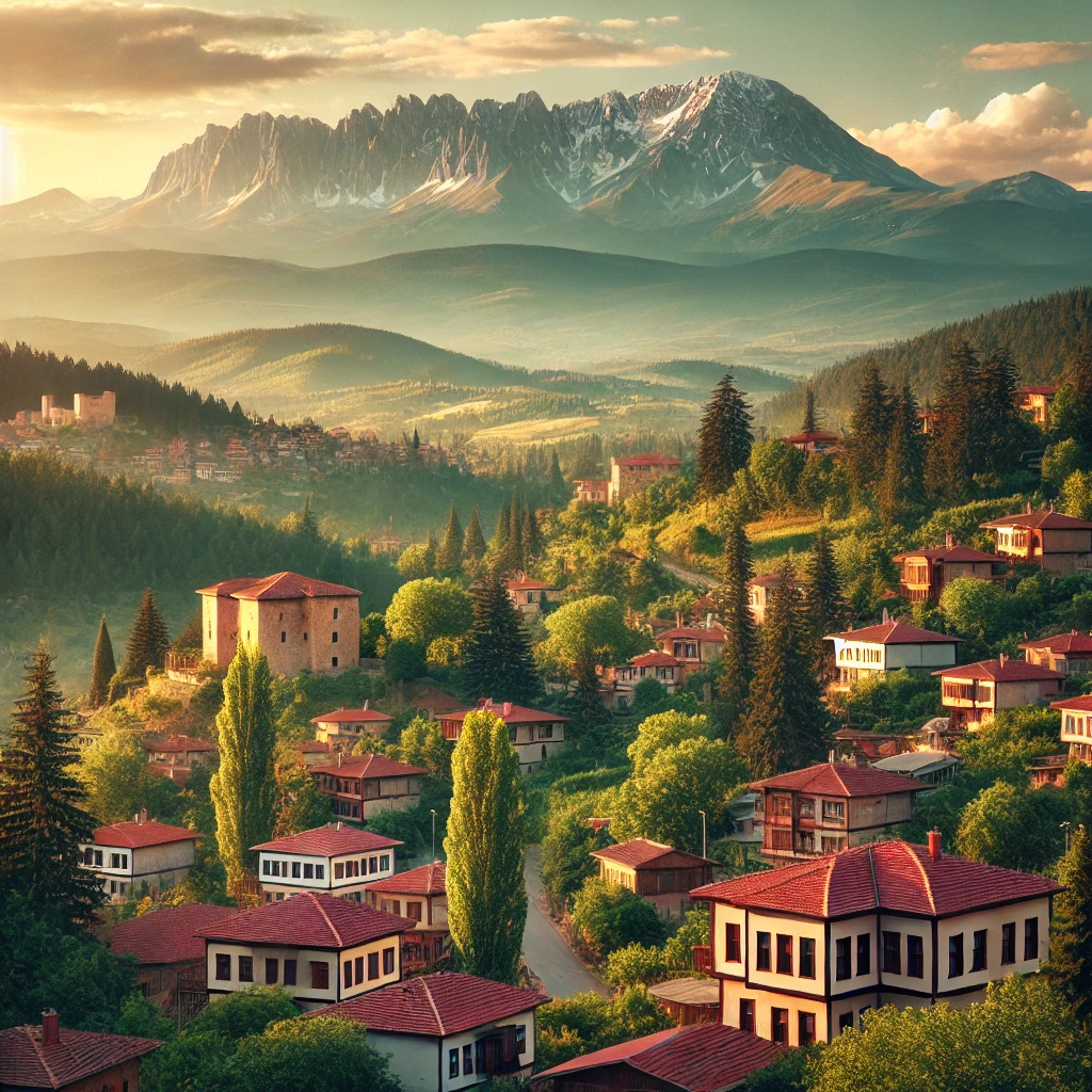 A scenic view of Çankırı, Turkey featuring the Ilgaz Mountain in the background with lush green forests, traditional Turkish houses with red-tiled roofs, and the Çankırı Museum.