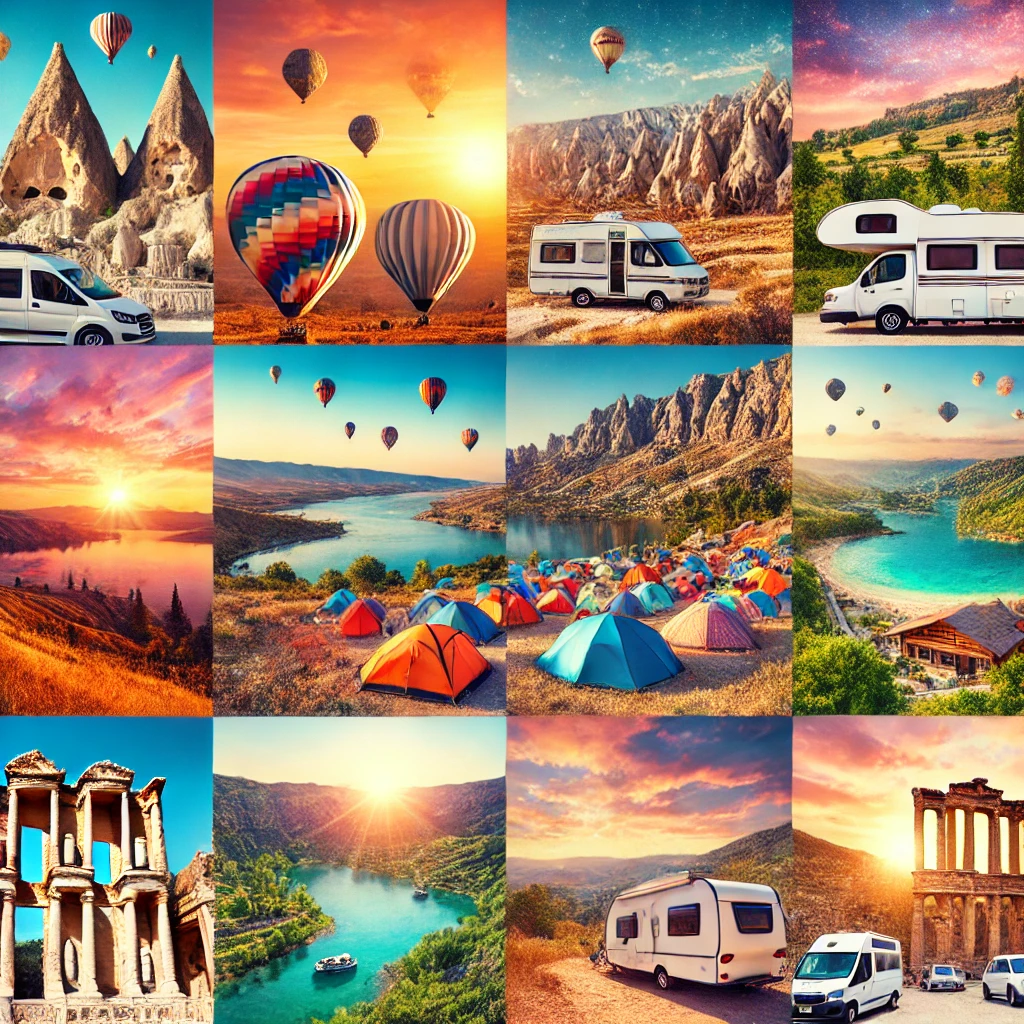 A vibrant collage showcasing various caravan and camping spots in Turkey. The image includes stunning landscapes of Cappadocia with its unique rock formations and hot air balloons, the serene shores of Lake Van, the lush greenery of Olympos, and the historical ruins of Mount Nemrut. Other scenes show camping tents and caravans set up in picturesque locations like Kaş, Köprülü Canyon, and Gallipoli Peninsula. The collage captures the diverse natural beauty and rich history of Turkey's top camping destinations.