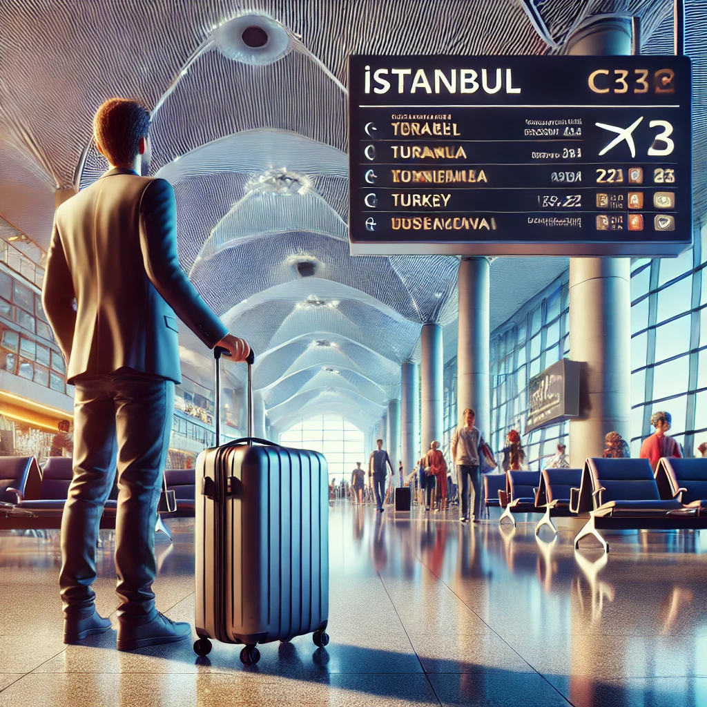 Traveler at Istanbul Airport with carry-on bag, in front of an information board, in a bustling, modern terminal.