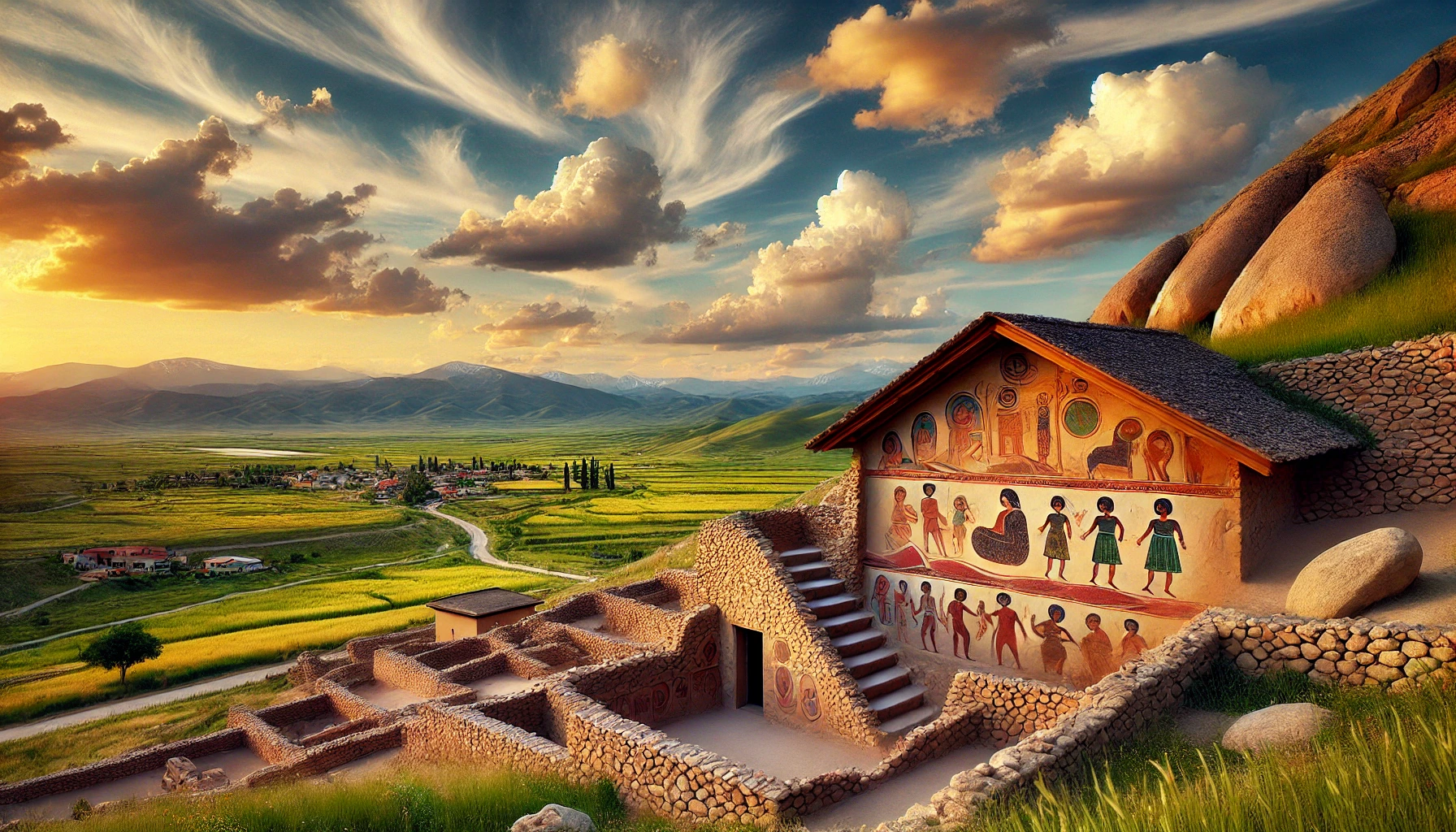 A picturesque view of the archaeological site of Çatalhöyük in Konya, Turkey, featuring well-preserved ruins of ancient houses, murals, and figurines set against a backdrop of lush green plains and a clear blue sky.