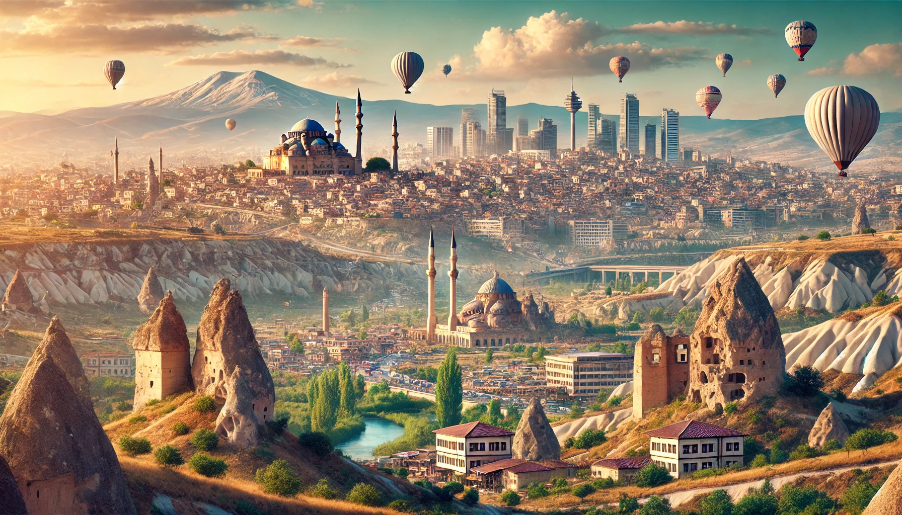 A picturesque view of the Central Anatolia Region in Turkey, featuring Ankara's modern skyline and historical landmarks, Cappadocia's rock formations and hot air balloons, the ancient ruins of Hattusa, and Konya's lush green landscapes.