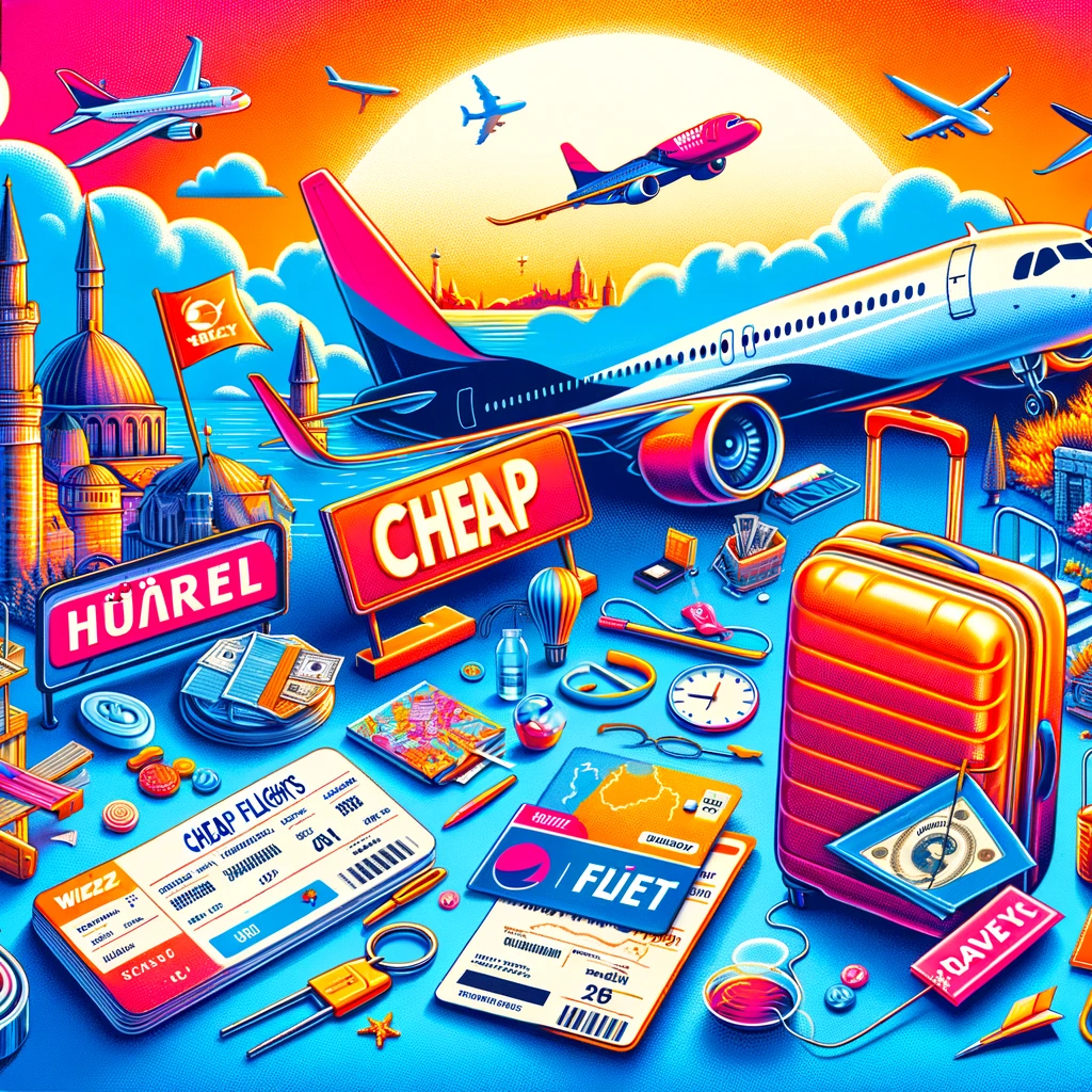 A vibrant collage showcasing various aspects of air travel including an airplane, a flight ticket, a suitcase, and a travel agency office. The image also includes icons representing cheap flights, budget airlines like Wizz Airlines, and a scenic destination to represent Turkish vacations, emphasizing the excitement of travel and tourism.