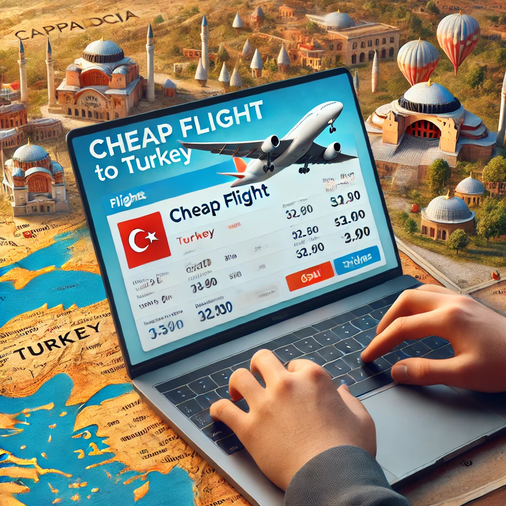 Traveler booking a cheap flight to Turkey on a laptop with Turkish landmarks in the background.