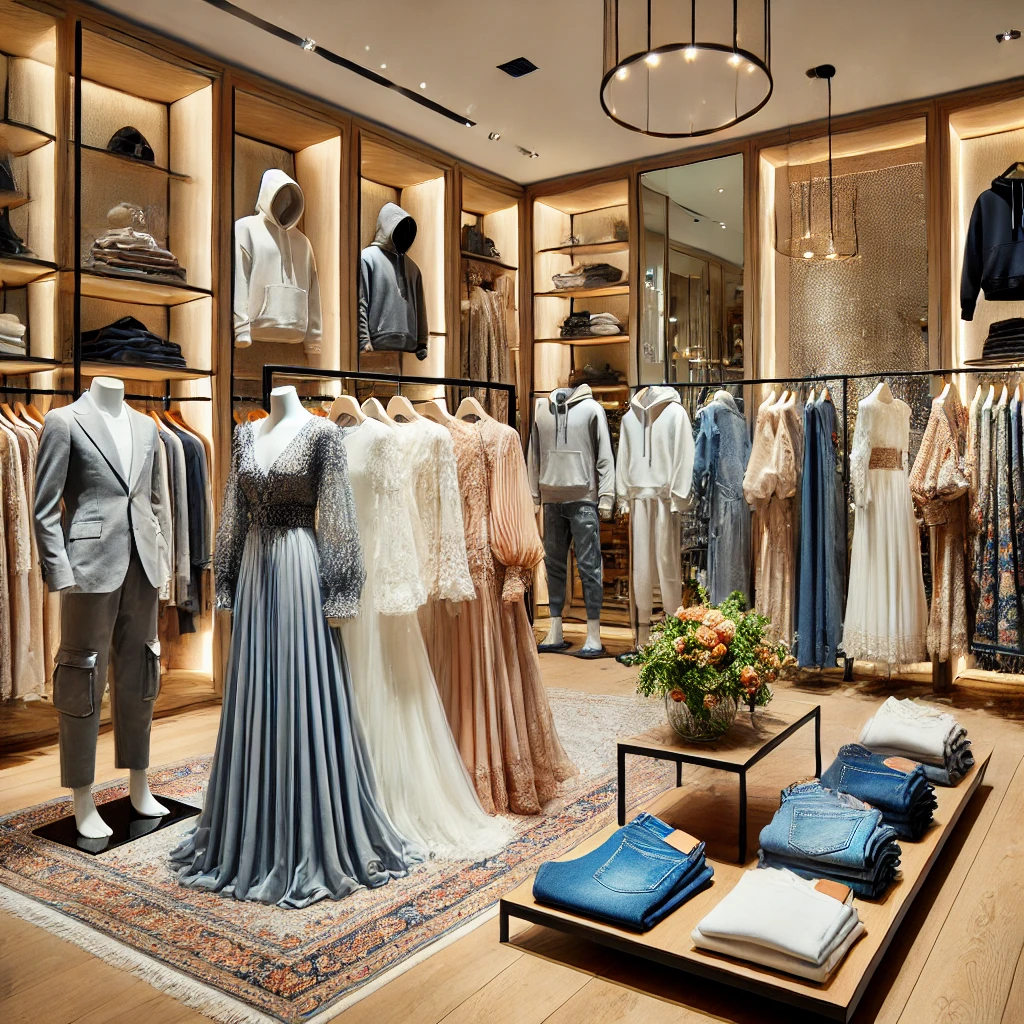 A modern Turkish clothing boutique displaying a variety of traditional and contemporary garments, including wedding guest dresses, jeans, cargo pants, hoodies, and mother of the bride dresses.