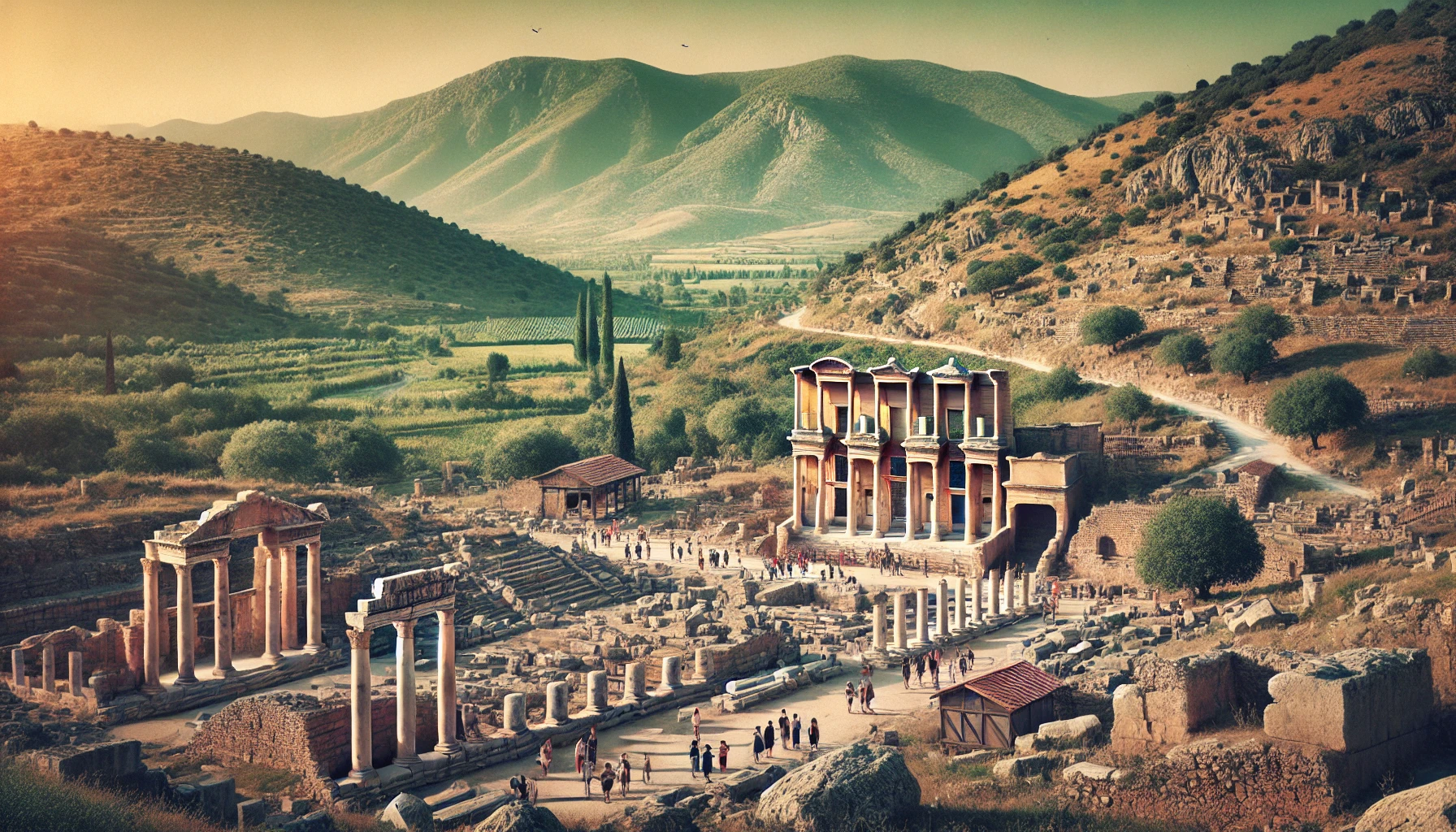 A scenic view of the ancient city of Colossae in Denizli, Turkey, featuring well-preserved ruins of the acropolis, rock-cut tombs, and surrounding structures, with lush green hills and clear skies in the background and tourists exploring the site.