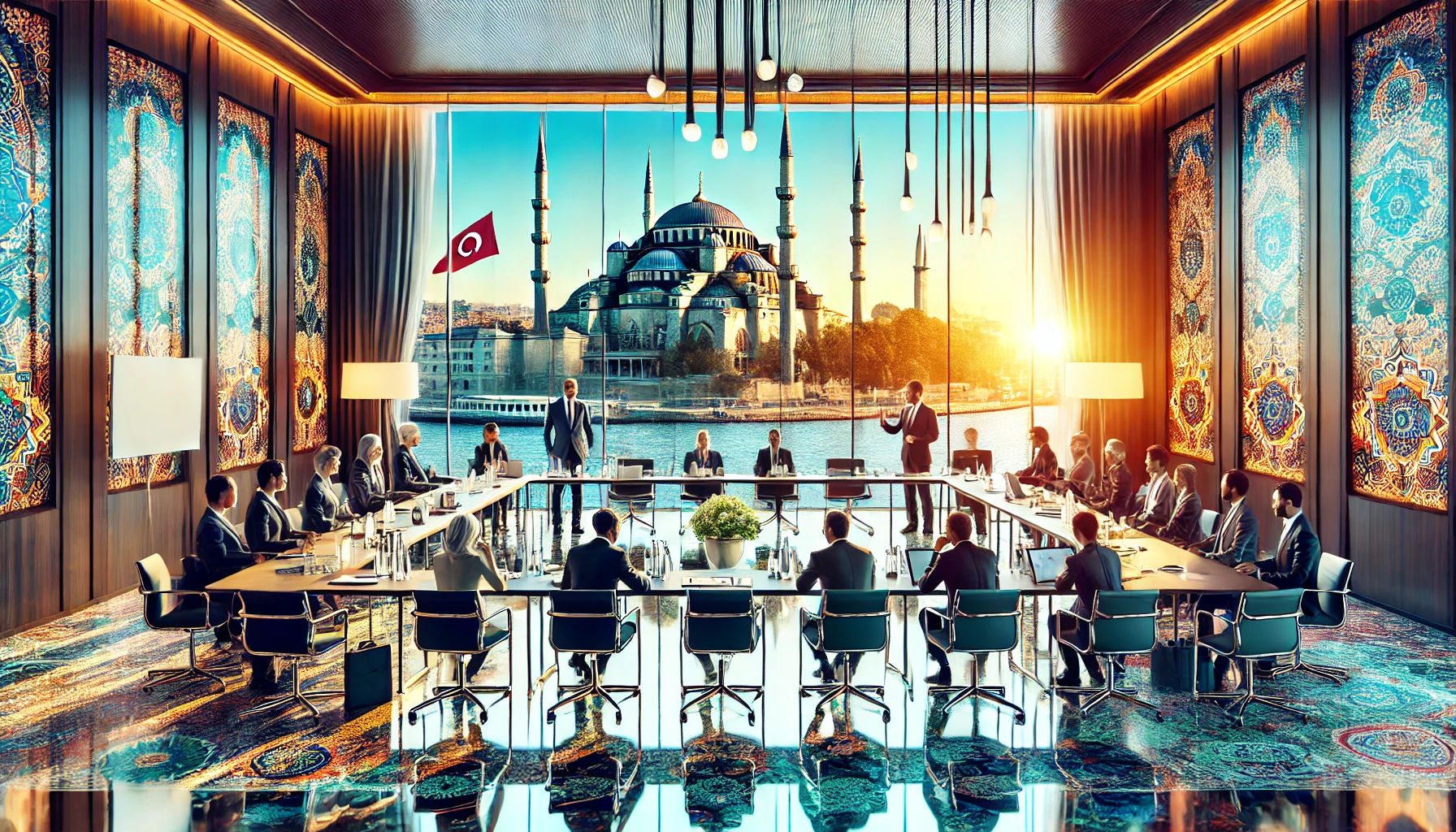 Luxury conference room in a high-end hotel in Istanbul with a view of the Bosphorus, attendees in discussions, and iconic Istanbul landmarks in the background.