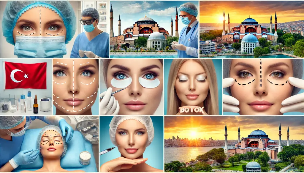Collage showcasing various cosmetic surgery procedures in Turkey, including blepharoplasty (eyelid surgery), Botox, rhinoplasty (nose surgery), and face-lifts, featuring modern clinics, skilled surgeons, advanced medical equipment, and happy patients with enhanced appearances, alongside scenic views of Turkish landmarks like Istanbul's Hagia Sophia and the Mediterranean coast.