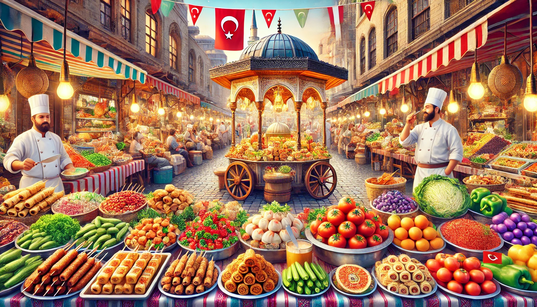 Vibrant Turkish street food market showcasing traditional dishes like kebabs and baklava.