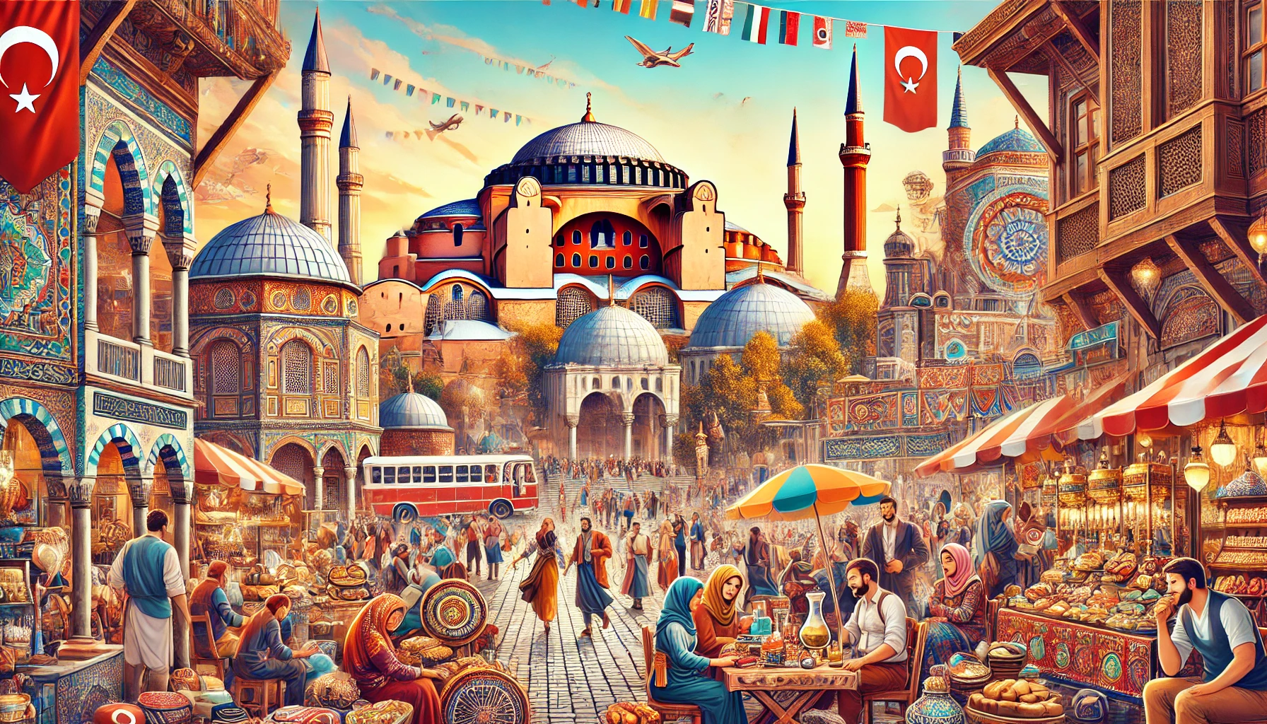 Vibrant cultural scene in Turkey featuring iconic landmarks and traditional street markets.