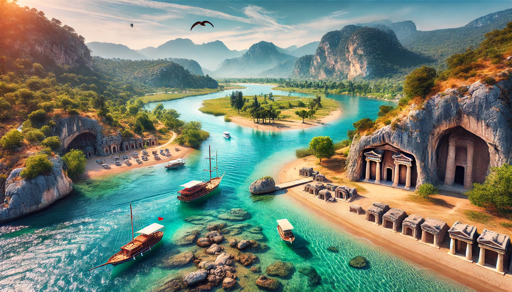 A picturesque view of the Dalyan coast in Turkey, featuring clear turquoise waters, a sandy beach, and lush greenery. Traditional Turkish boats are seen on the river, with ancient Lycian tombs carved into the cliffs and a backdrop of stunning mountains.