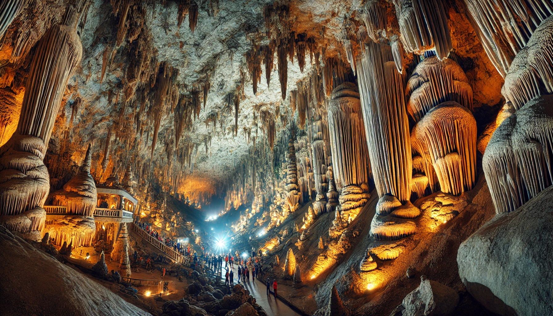 A stunning view of Damlataş Cave in Alanya, Southern Turkey, featuring intricate stalactites and stalagmites inside the well-lit cave, with tourists exploring the natural beauty and unique geological formations under ambient lighting.