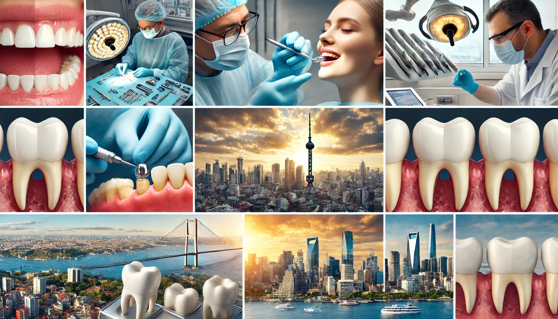 Collage showcasing various aspects of dental implant procedures in Turkey, featuring a modern dental clinic, a dentist performing the implant surgery, before-and-after photos of patients, and scenic views of Istanbul in the background.