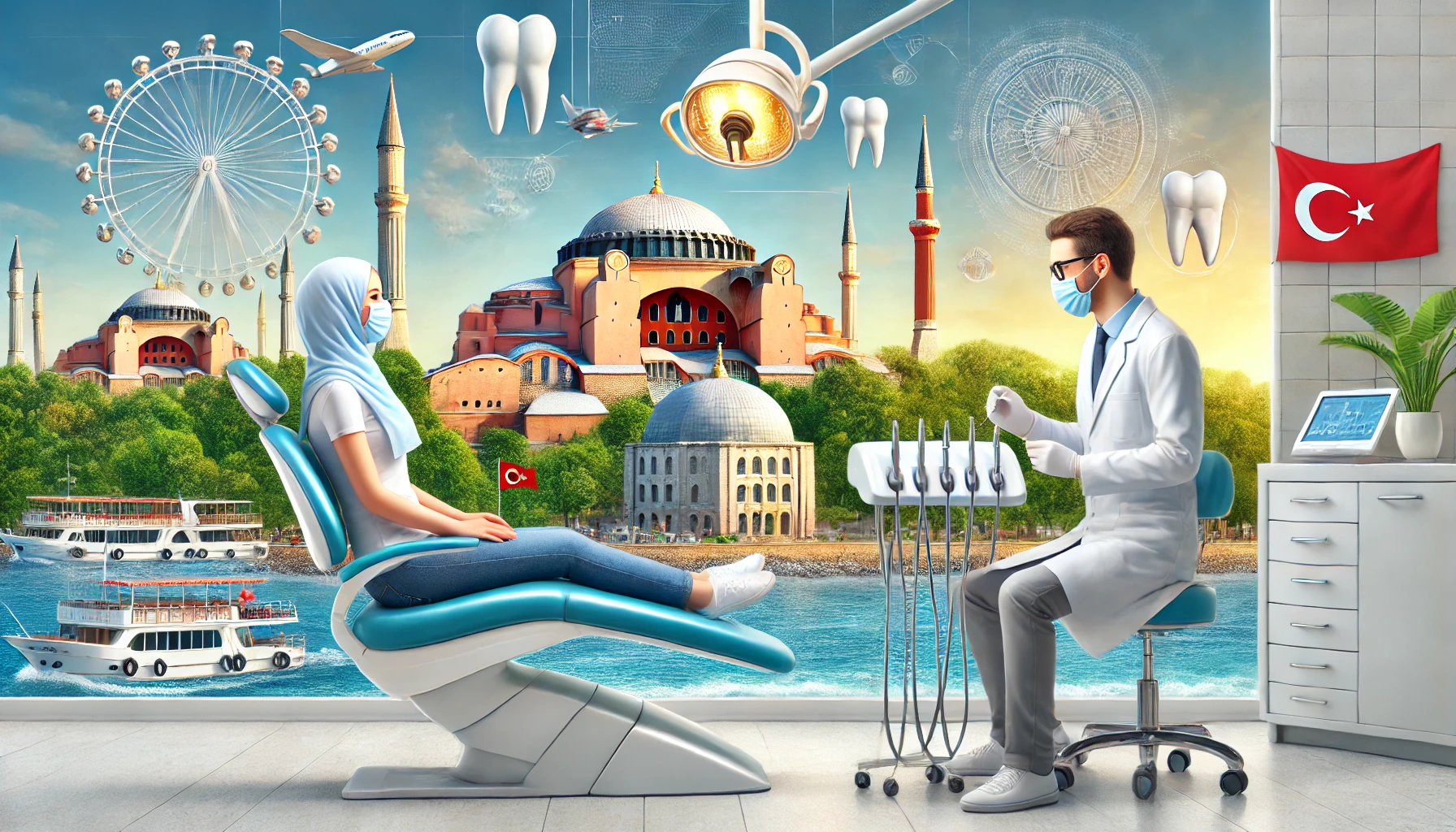 Dental tourism in Turkey with modern dental clinic and famous landmarks in the background.