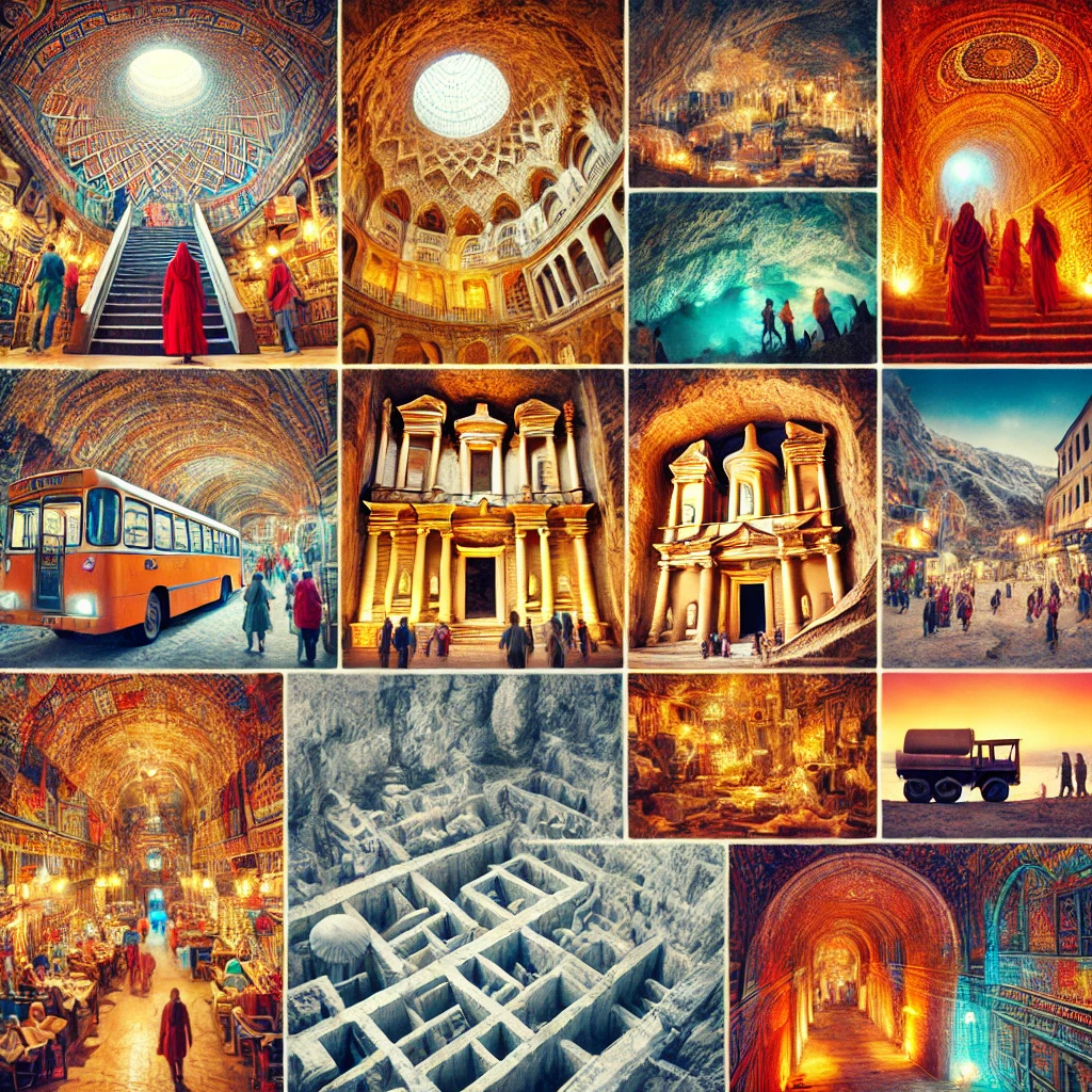 A vibrant collage showcasing various aspects of Derinkuyu in Turkey, including intricate underground tunnel systems, ancient living quarters, religious spaces, and tourists exploring the historical sites.