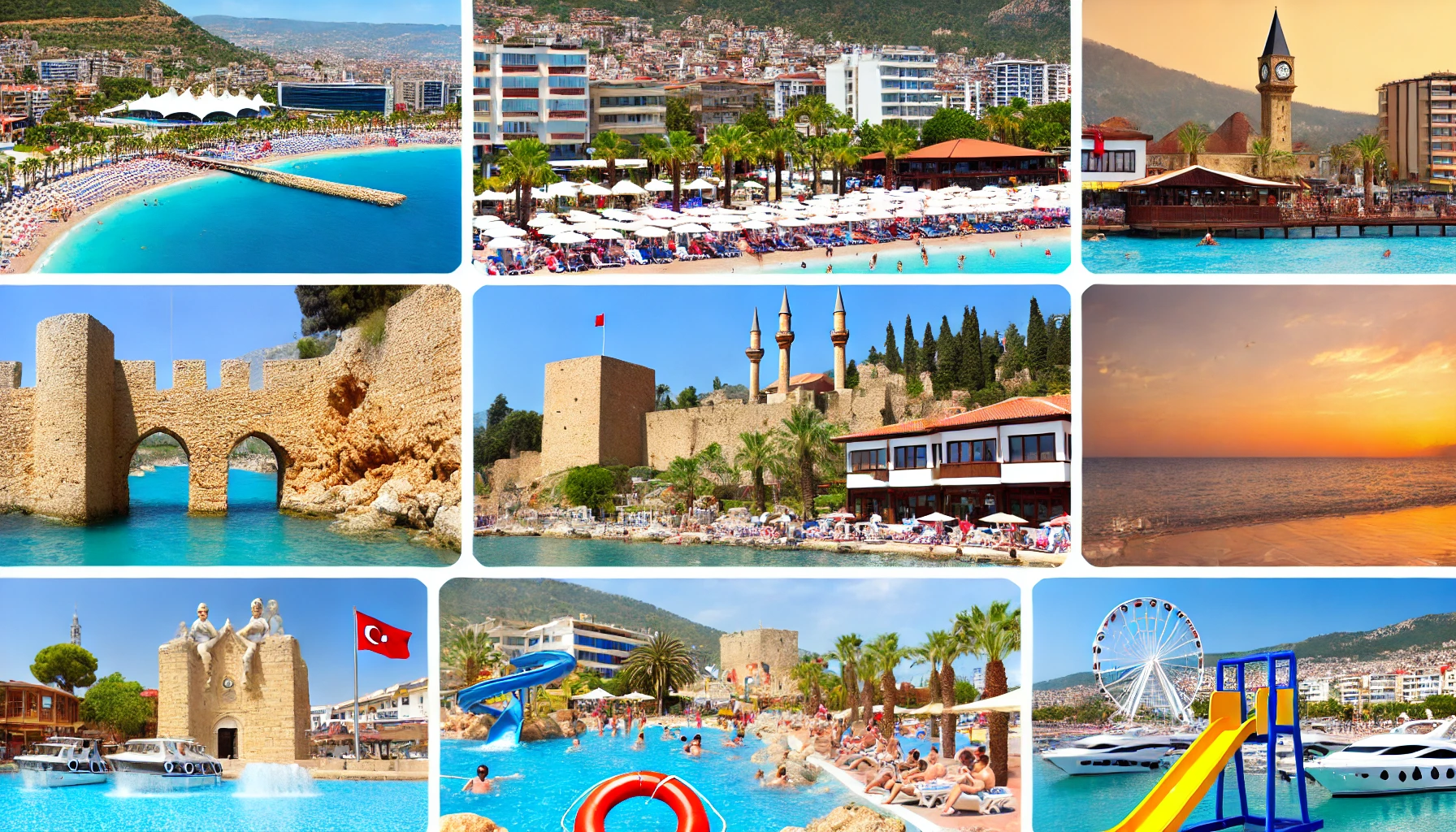 Collage showcasing various attractions and activities in Alanya, Turkey, including beautiful beaches, historic sites like Alanya Castle, luxury resorts such as White City Resort Hotel Alanya, family-friendly spots like aquapark Alanya, and vibrant city life in Alanya town.