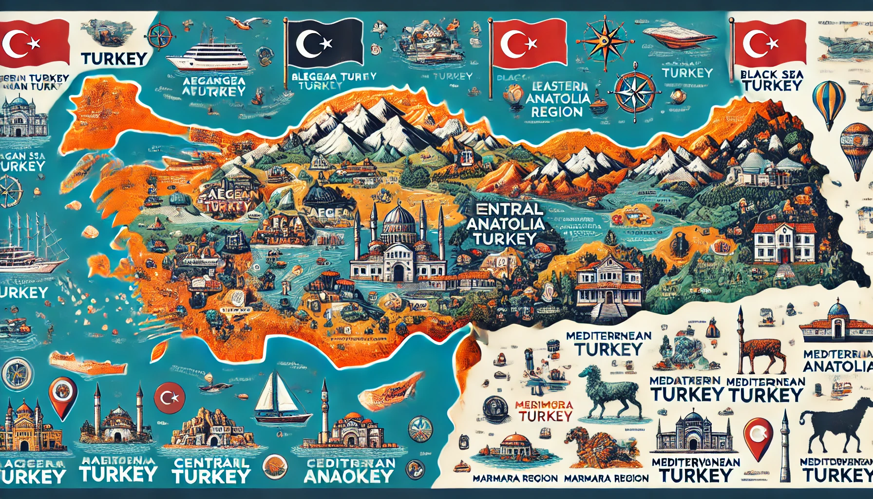 Color-coded map of Turkey highlighting its various regions: Aegean Turkey, Black Sea Turkey, Central Anatolia, Eastern Anatolia, Marmara Region, Mediterranean Turkey, and Southeastern Anatolia.